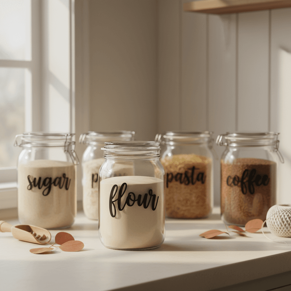 Six glass pantry jars with custom black vinyl labels arranged on a cream countertop in soft natural light.