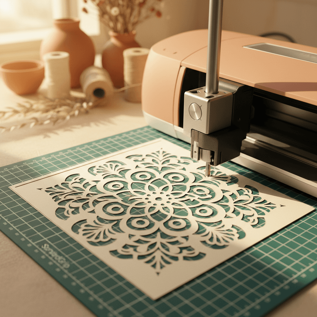 Overhead view of a Cricut machine cutting an intricate mandala pattern in cream cardstock with fine details visible.