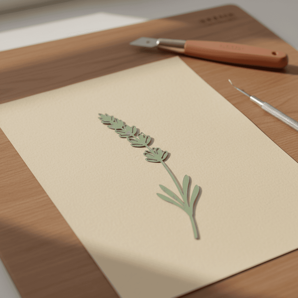 A delicate cut paper lavender sprig in sage green cardstock on a cream background with crafting tools nearby.