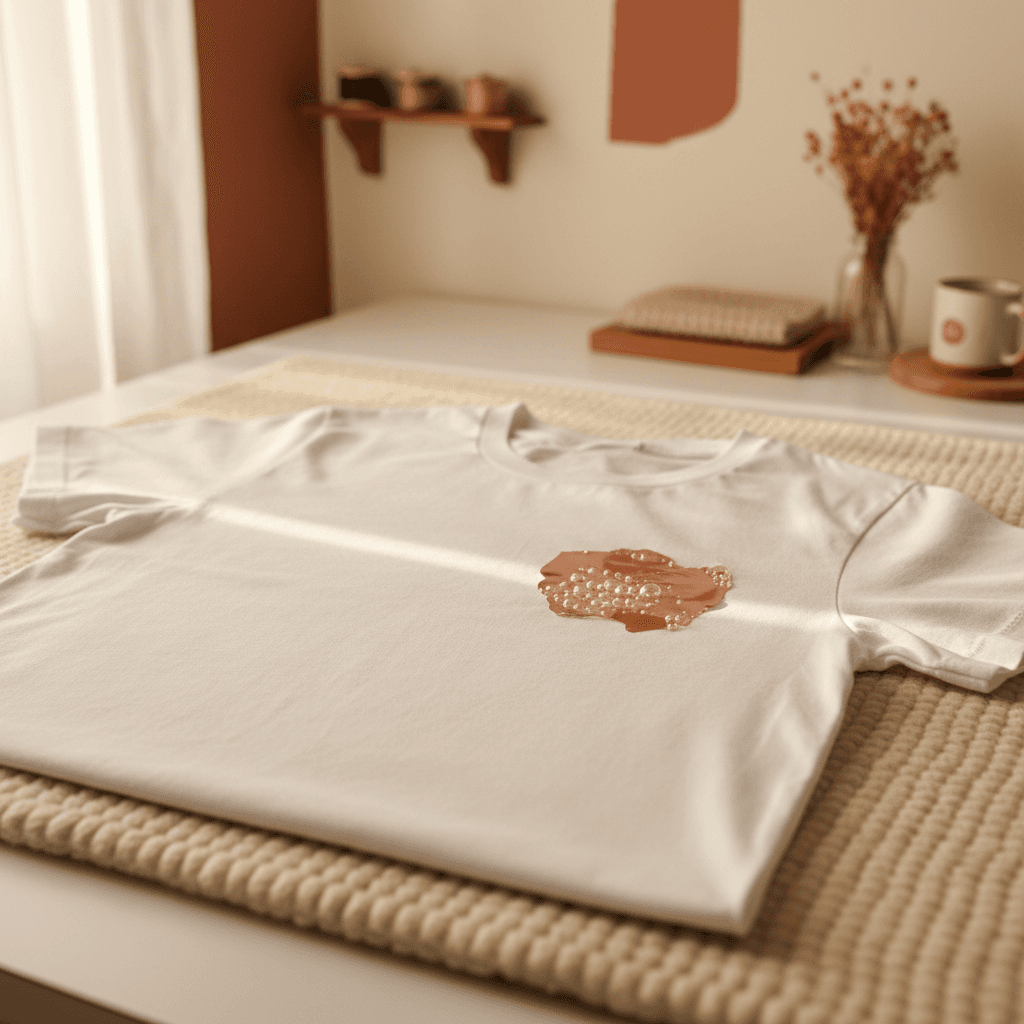 White t-shirt with rose gold heat transfer vinyl showing air bubbles during application on a cream pressing surface.