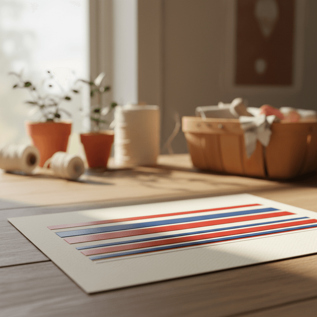 Layered red, white, and blue vinyl flag design on cream paper showing clean offset edges between stripes.