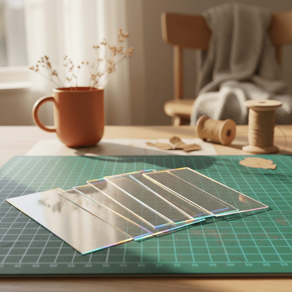 Stack of five translucent acetate bookmark sheets on a cutting mat showing layered rainbow edges in natural light