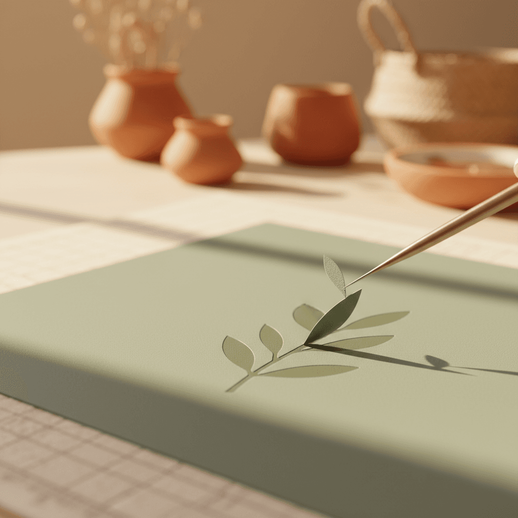 Close-up of sage green vinyl olive branch design being weeded on a cutting mat, showing the connected leaf structure.
