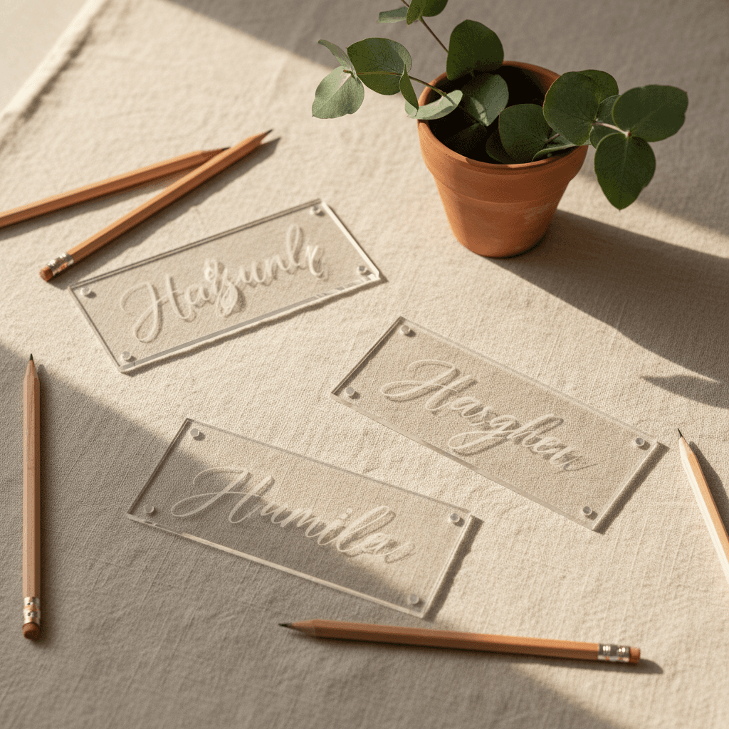 Three clear acrylic desk name plates with engraved teacher names arranged on cream fabric with pencils and eucalyptus.