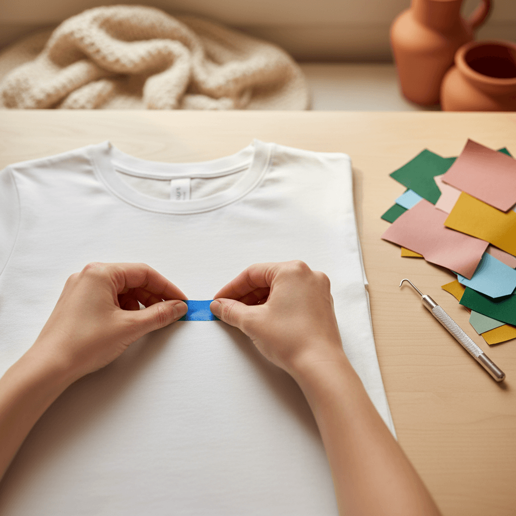 Overhead view of crafter's hands positioning painter's tape registration marks on a white shirt for multi-layer vinyl alignment