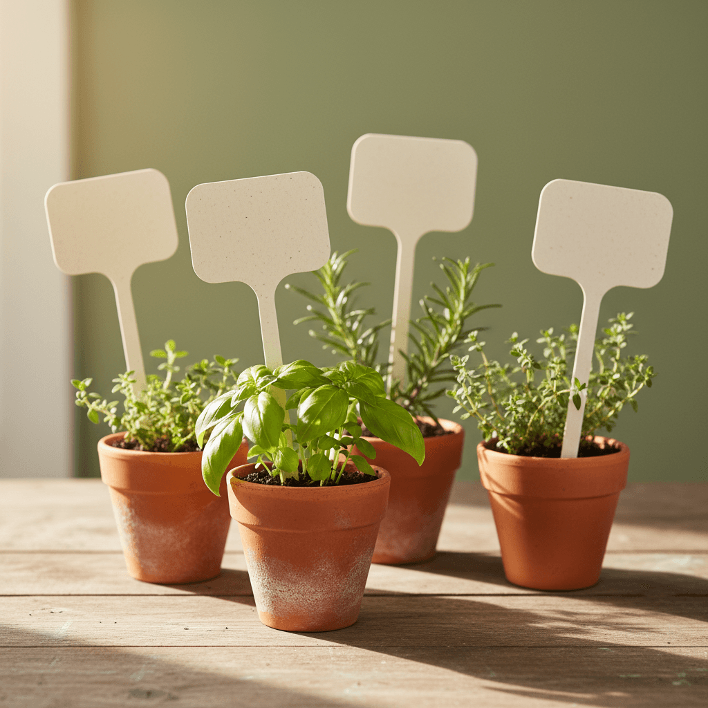 Four chipboard plant markers in terracotta pots on a rustic wooden bench with natural sunlight and green background