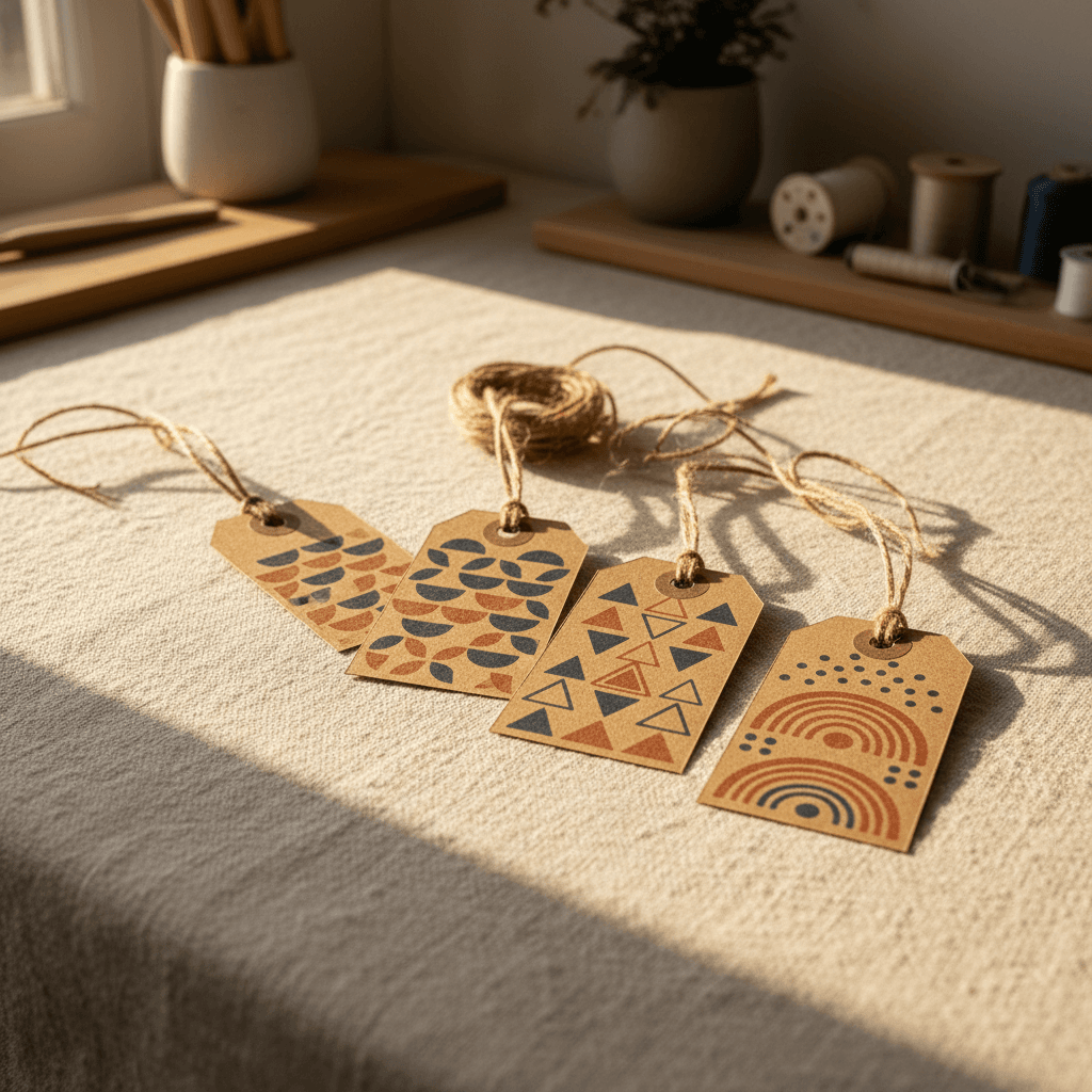 Three handmade gift tags with geometric designs in navy and terracotta on kraft paper, tied with natural twine on a cream linen surface.
