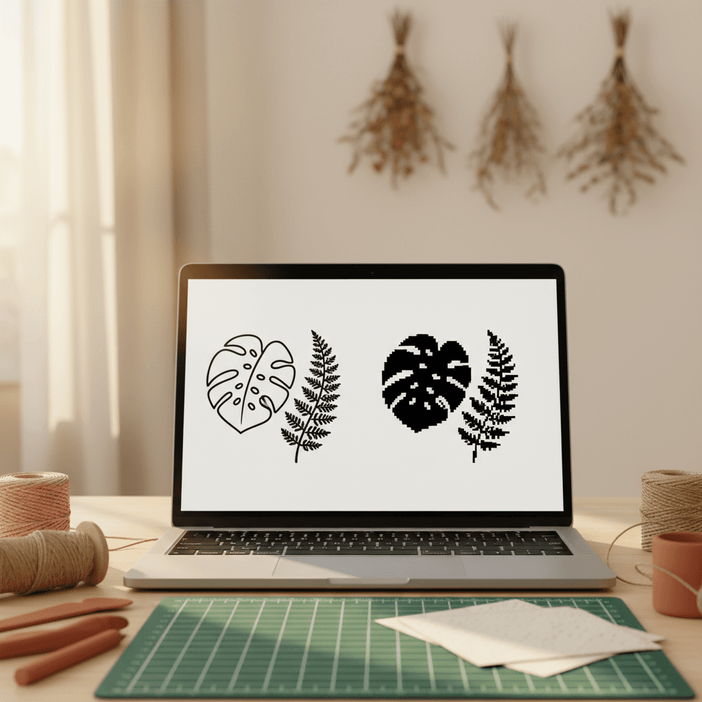 Laptop displaying a clean SVG leaf design next to its original pixelated PNG source file on a craft desk.