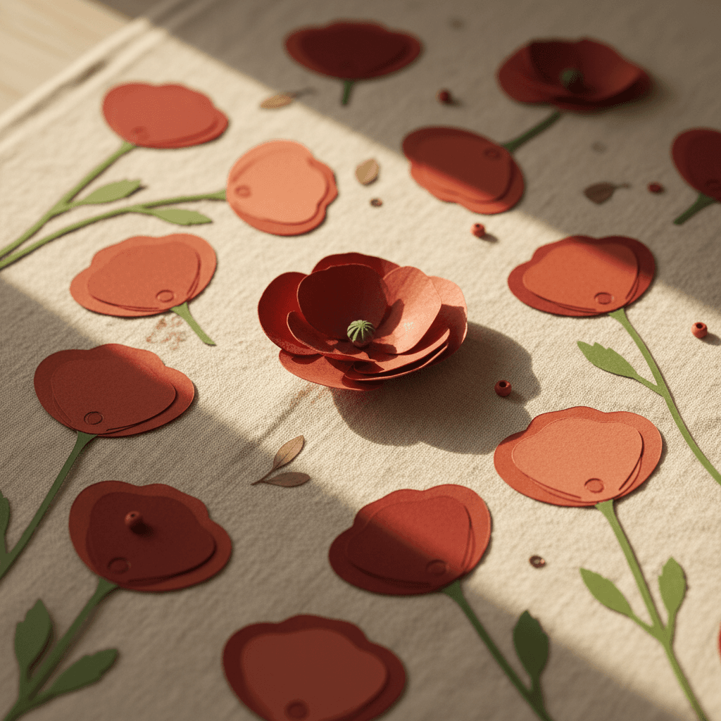 Red cardstock poppy flower cutouts with connected petal stems on cream background, showing clean cut edges.