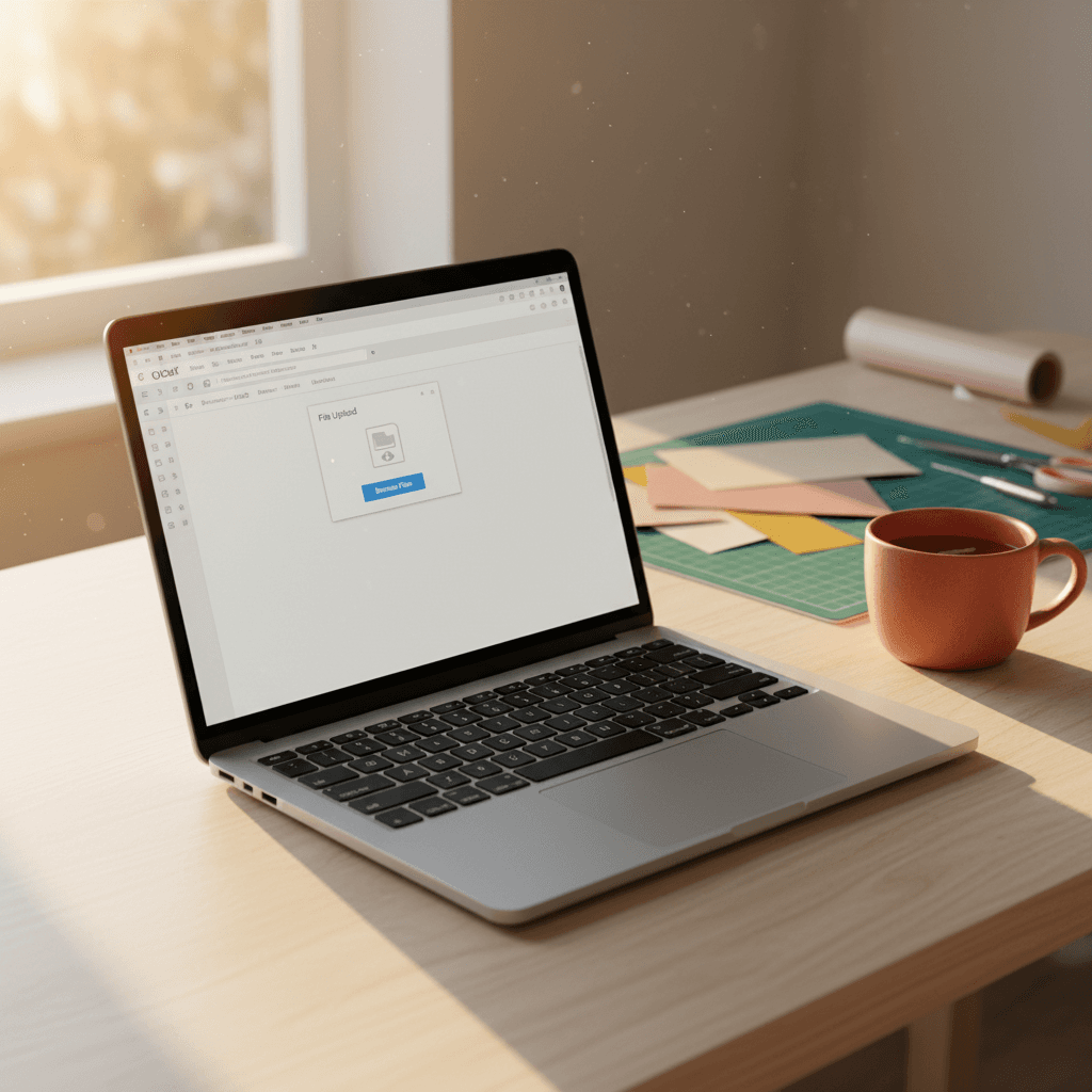 Laptop displaying Cricut Design Space upload screen on a sunlit craft desk with crafting supplies softly blurred in the background.