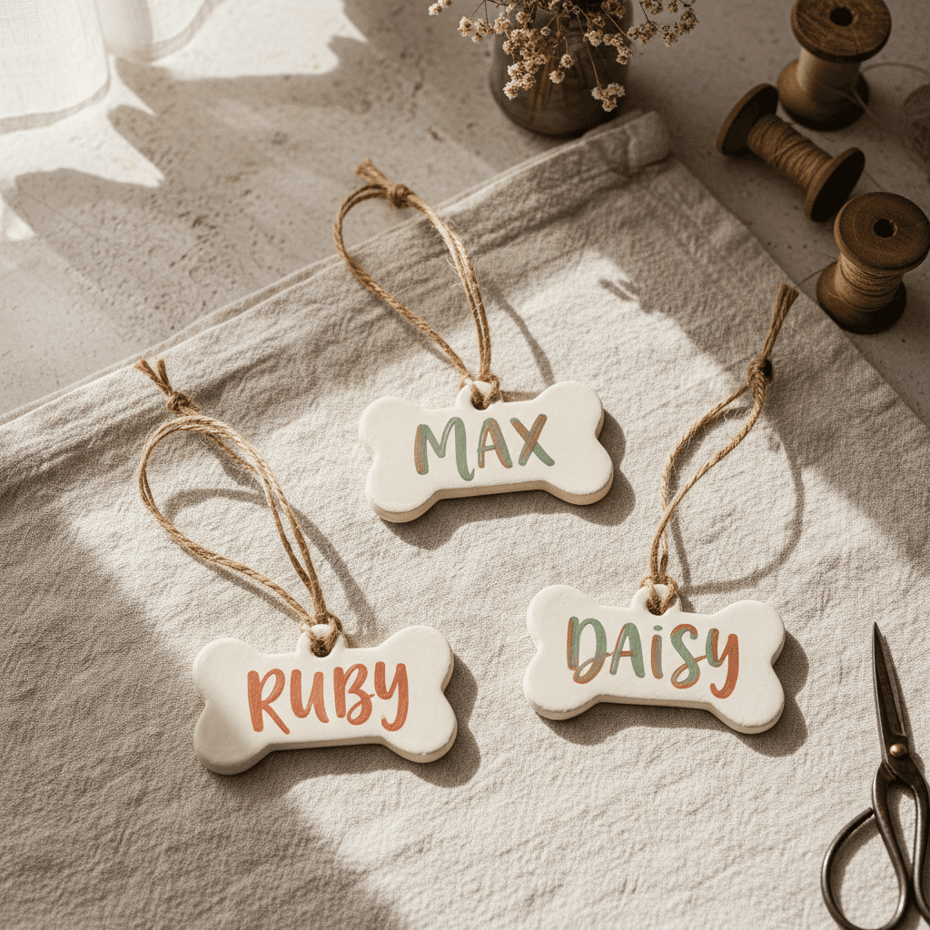 Three bone-shaped dog tag ornaments with pet names hand-lettered in terracotta and sage paint markers, arranged on cream fabric with natural twine loops.