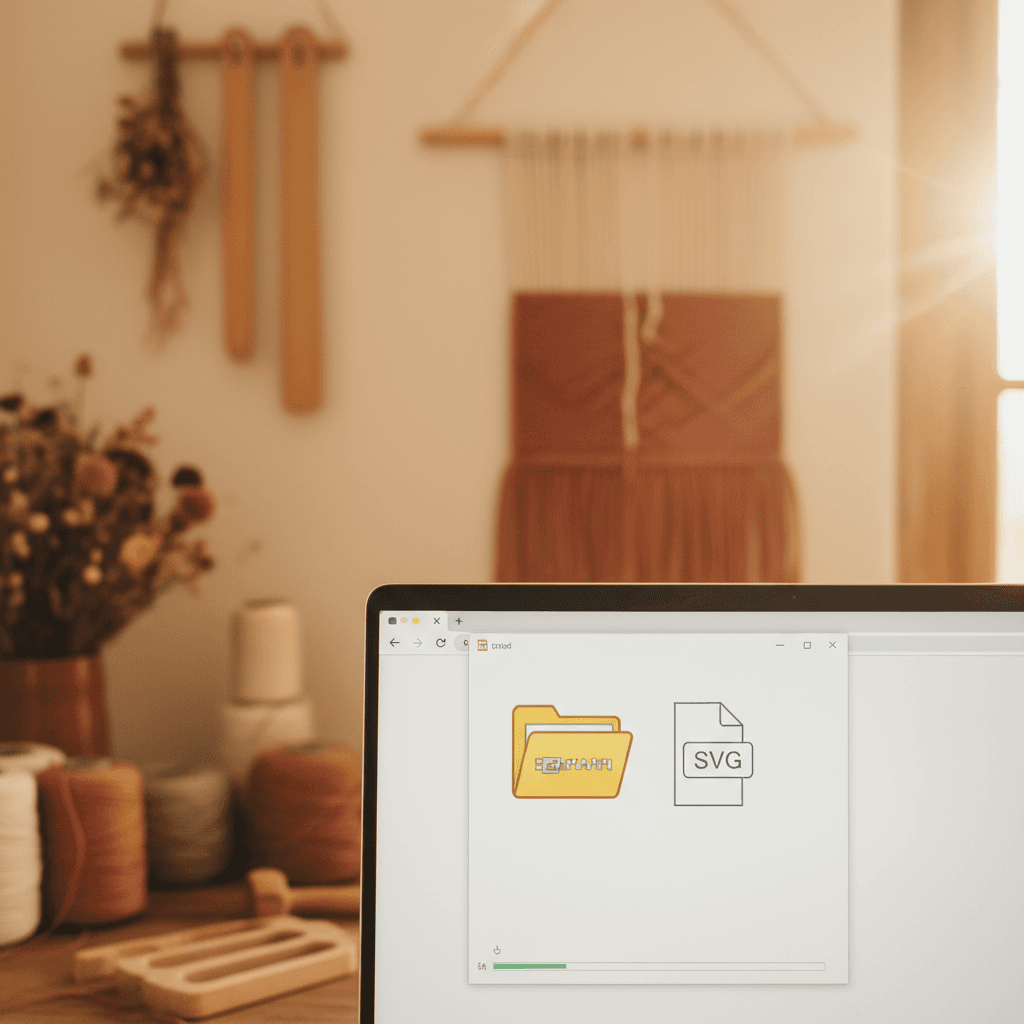 Laptop screen displaying a downloaded zip file next to an extracted SVG file in a folder window.