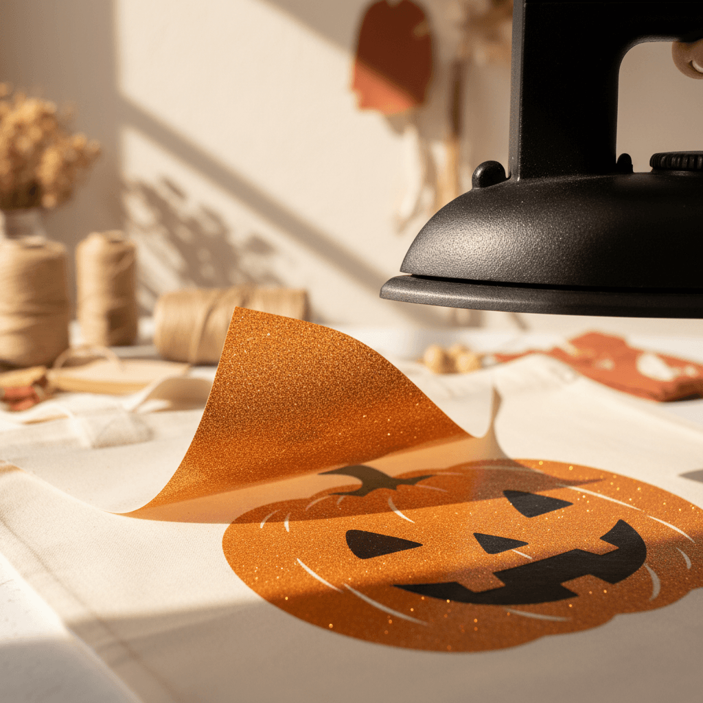 Iron positioned above orange glitter heat transfer vinyl on a cream tote bag with a jack-o'-lantern design partially applied.