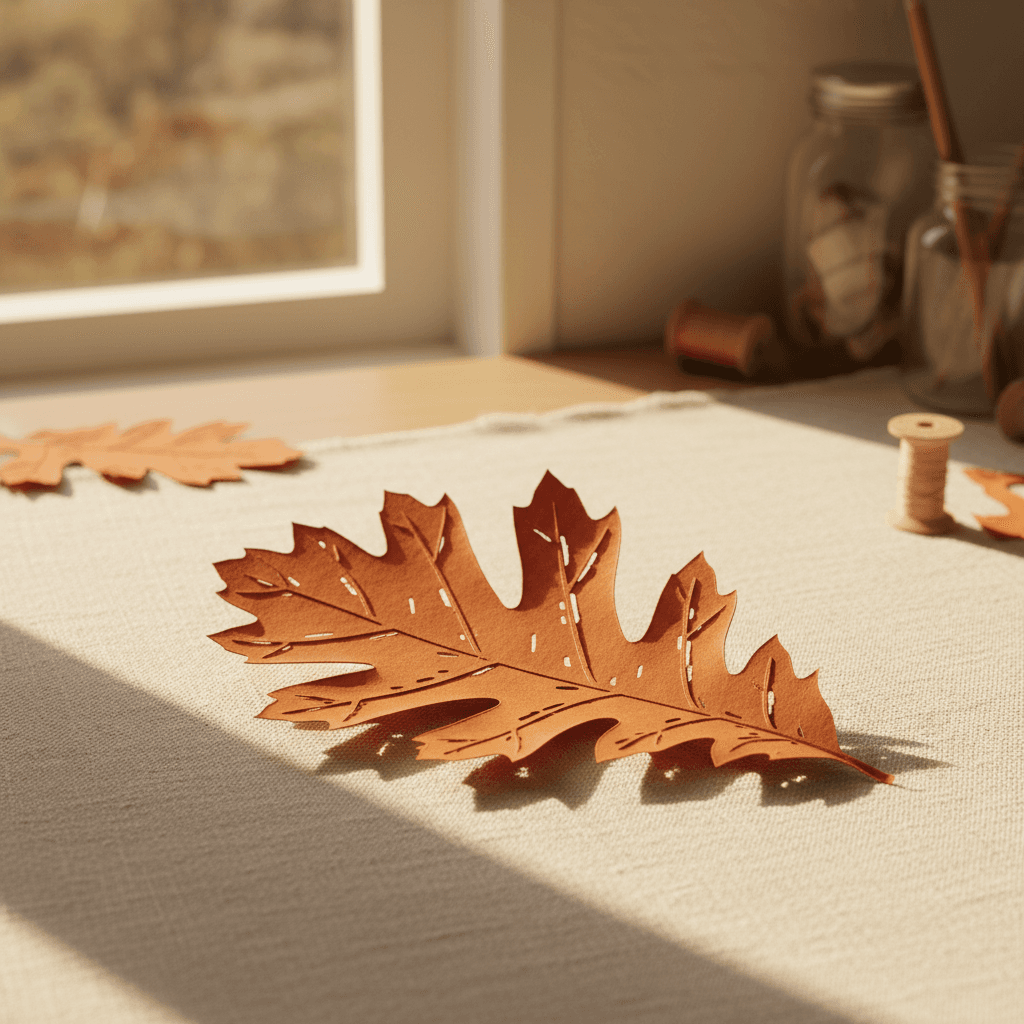 A detailed cut paper oak leaf in autumn orange resting on cream fabric with natural window light.