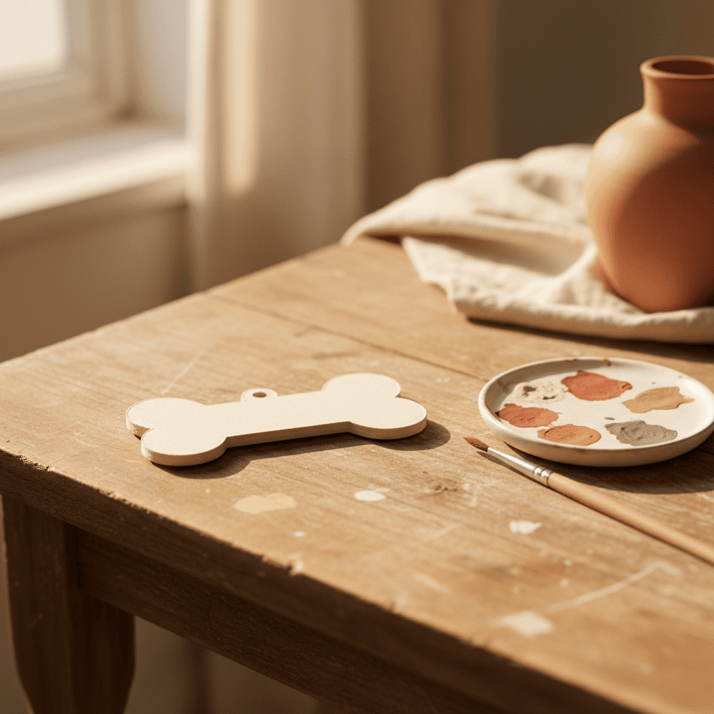 A handmade chipboard dog bone ornament with watercolor details resting on a craft table beside painting supplies