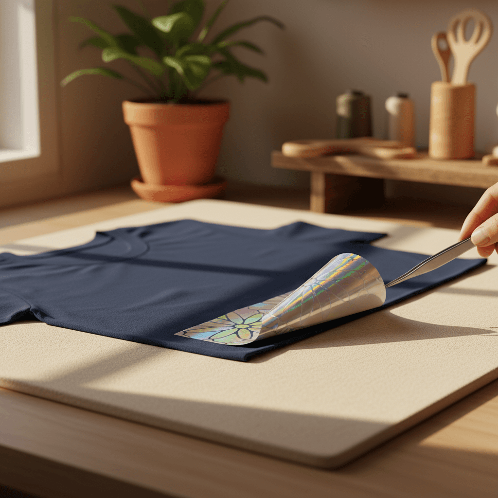 Navy t-shirt on pressing mat with backwards holographic HTV being removed with tweezers in warm natural light