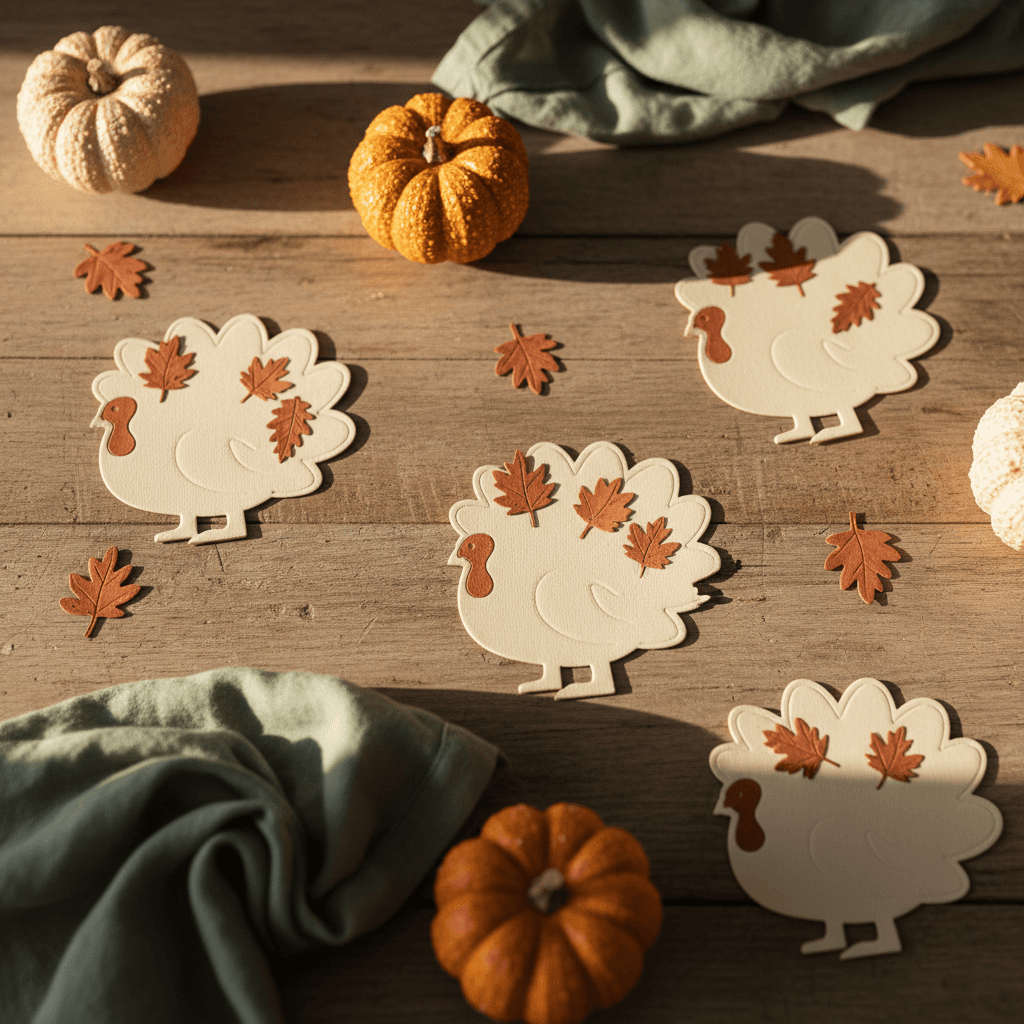 Chipboard Thanksgiving placecards with turkey designs arranged on a rustic wood table with mini pumpkins and sage napkins in warm natural light.