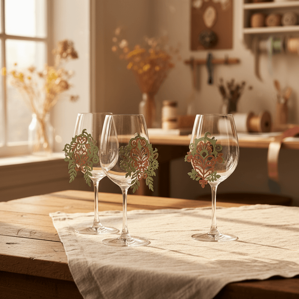 Handmade cardstock wine glass charms in autumn colors displayed on wine glasses against a cream background