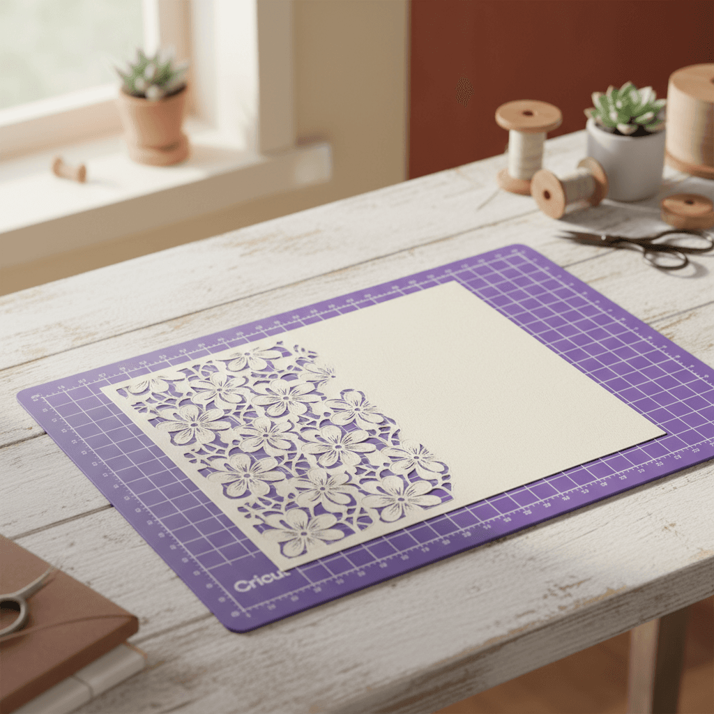 A regular grip cutting mat with cleanly cut cardstock showing precise edges and minimal curling.