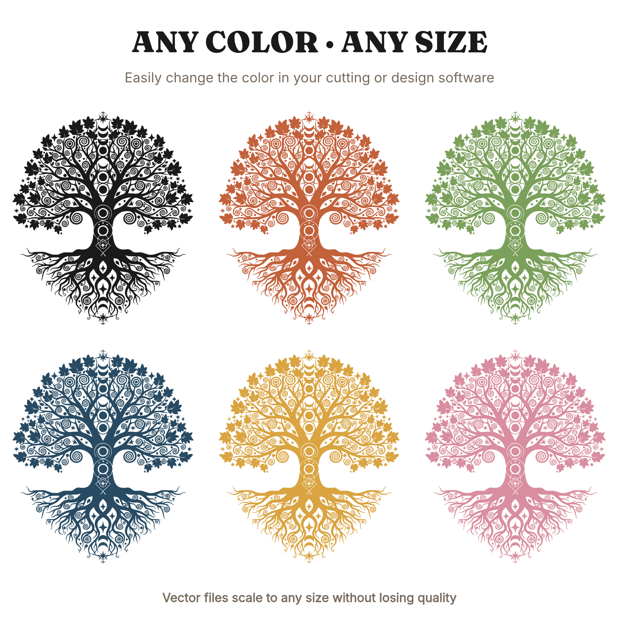 Celestial Oak Tree SVG PNG, Moon Phases Roots Branches Mirrored Mystical Tree of Life Cut File — view 3