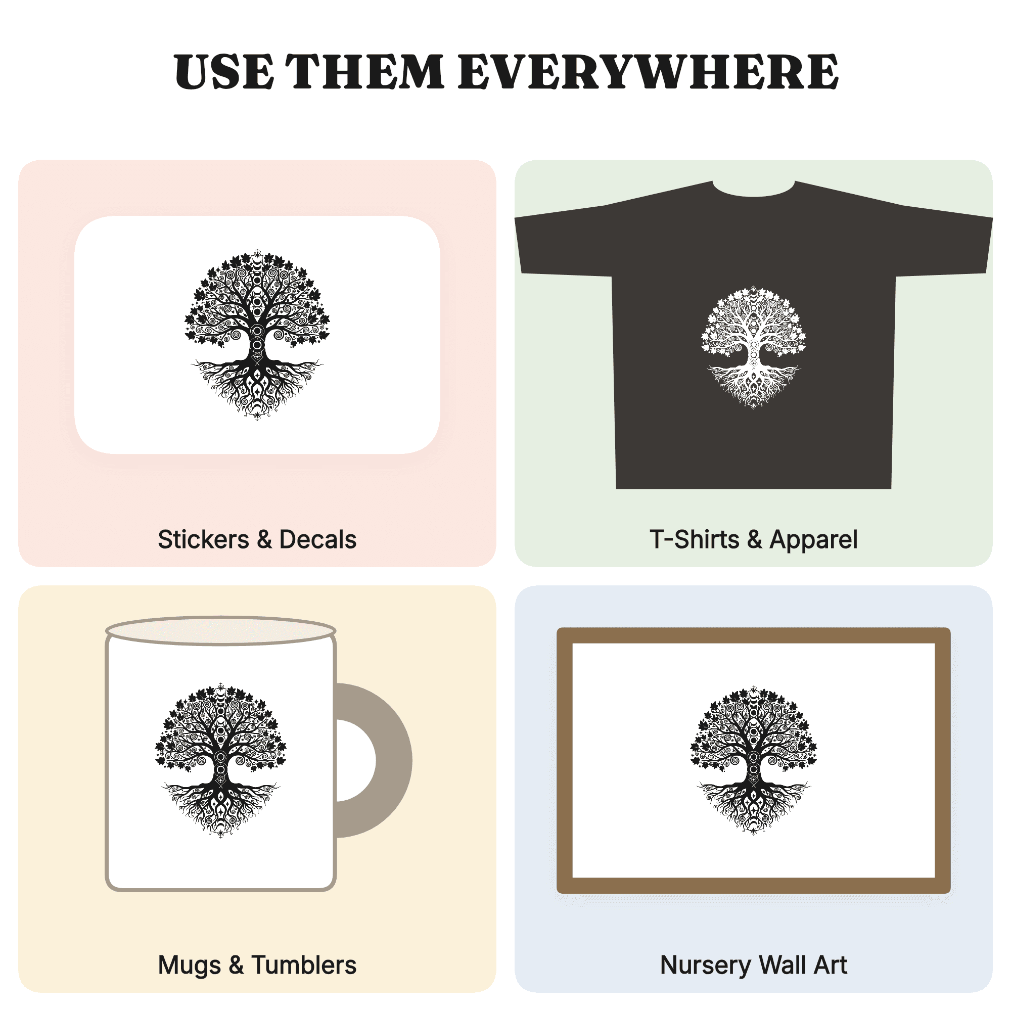 Celestial Oak Tree SVG PNG, Moon Phases Roots Branches Mirrored Mystical Tree of Life Cut File — view 4