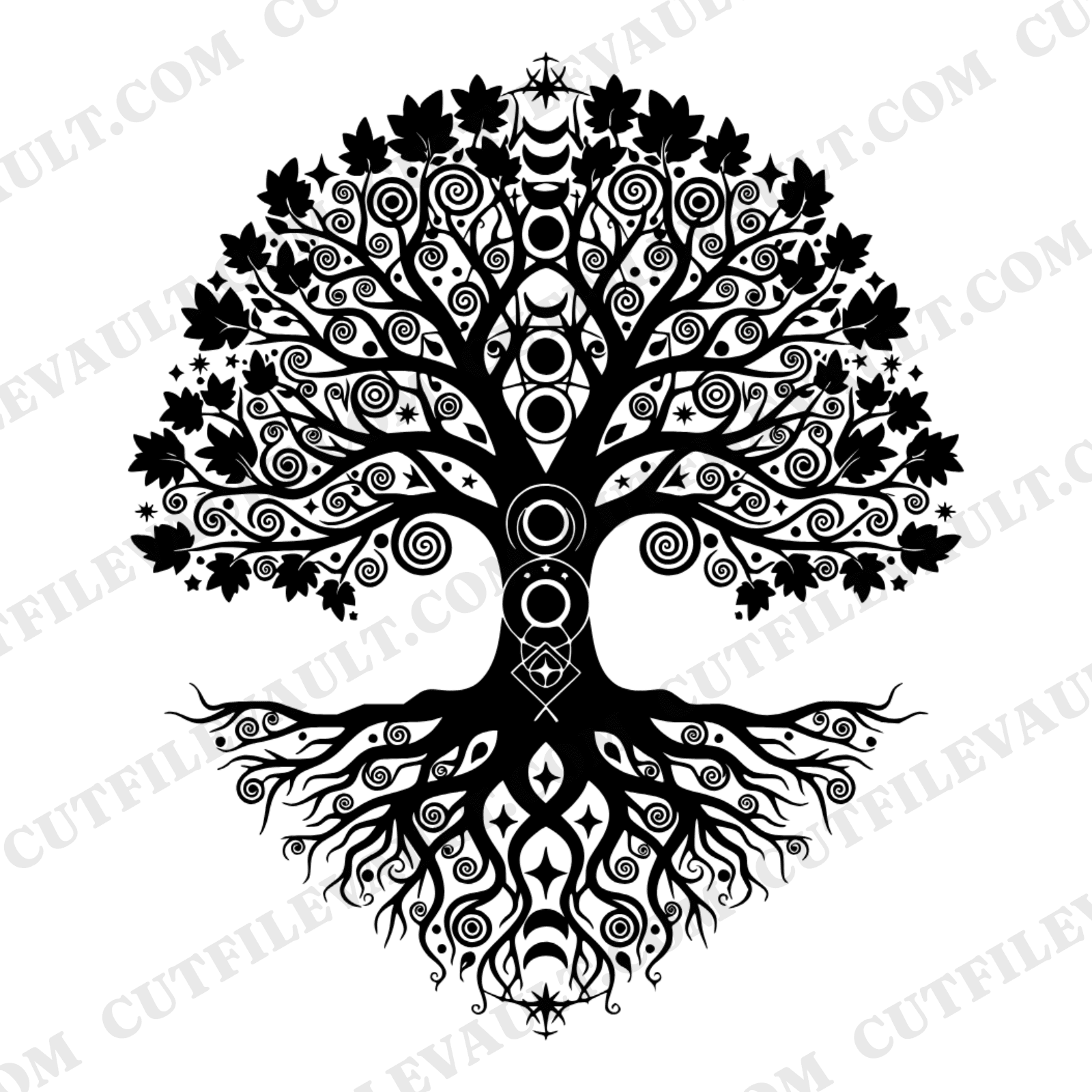 Celestial Oak Tree SVG PNG, Moon Phases Roots Branches Mirrored Mystical Tree of Life Cut File