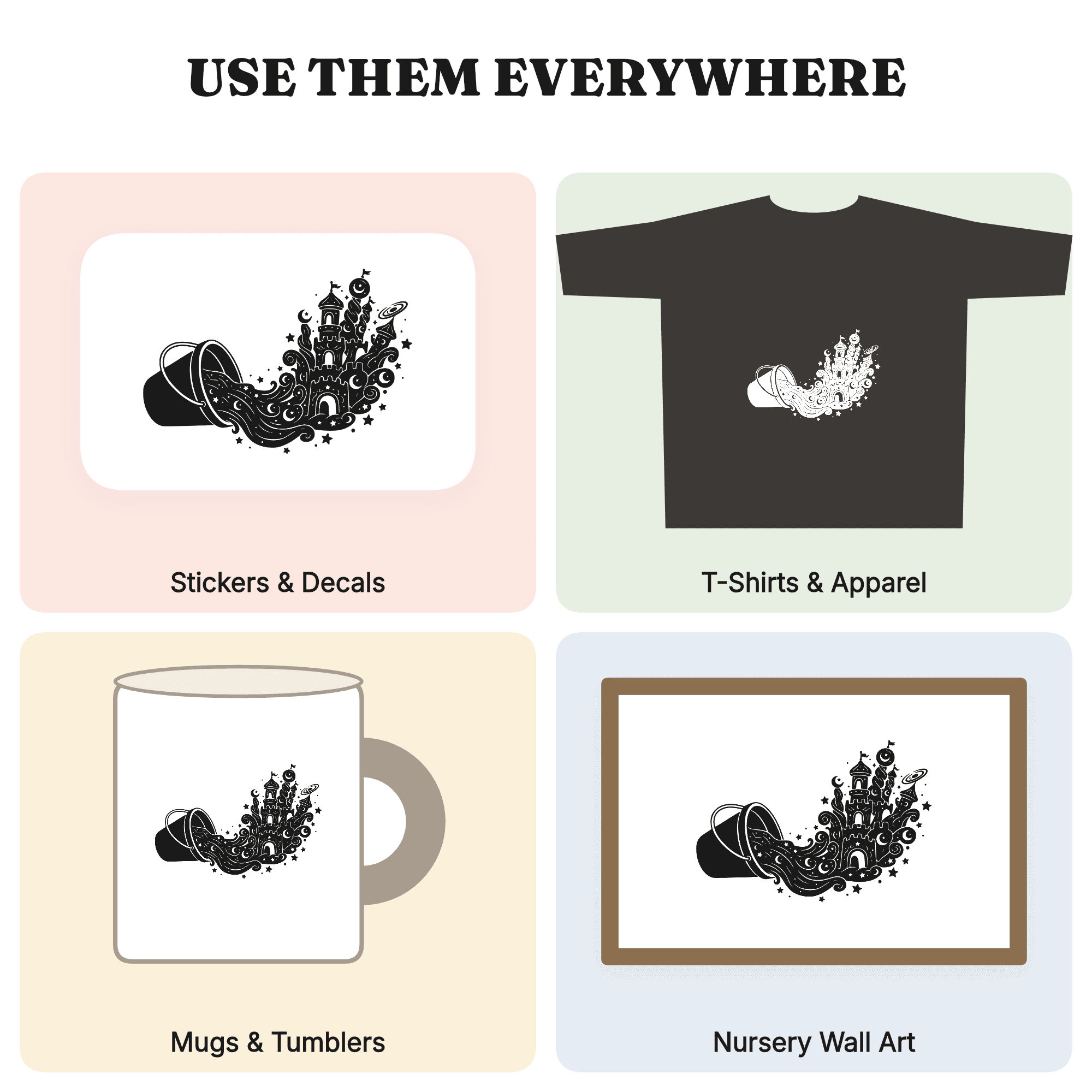 Mystical Summer Sandcastle Beach Bucket SVG PNG, Celestial Moon Stars Beach Cut File — view 4