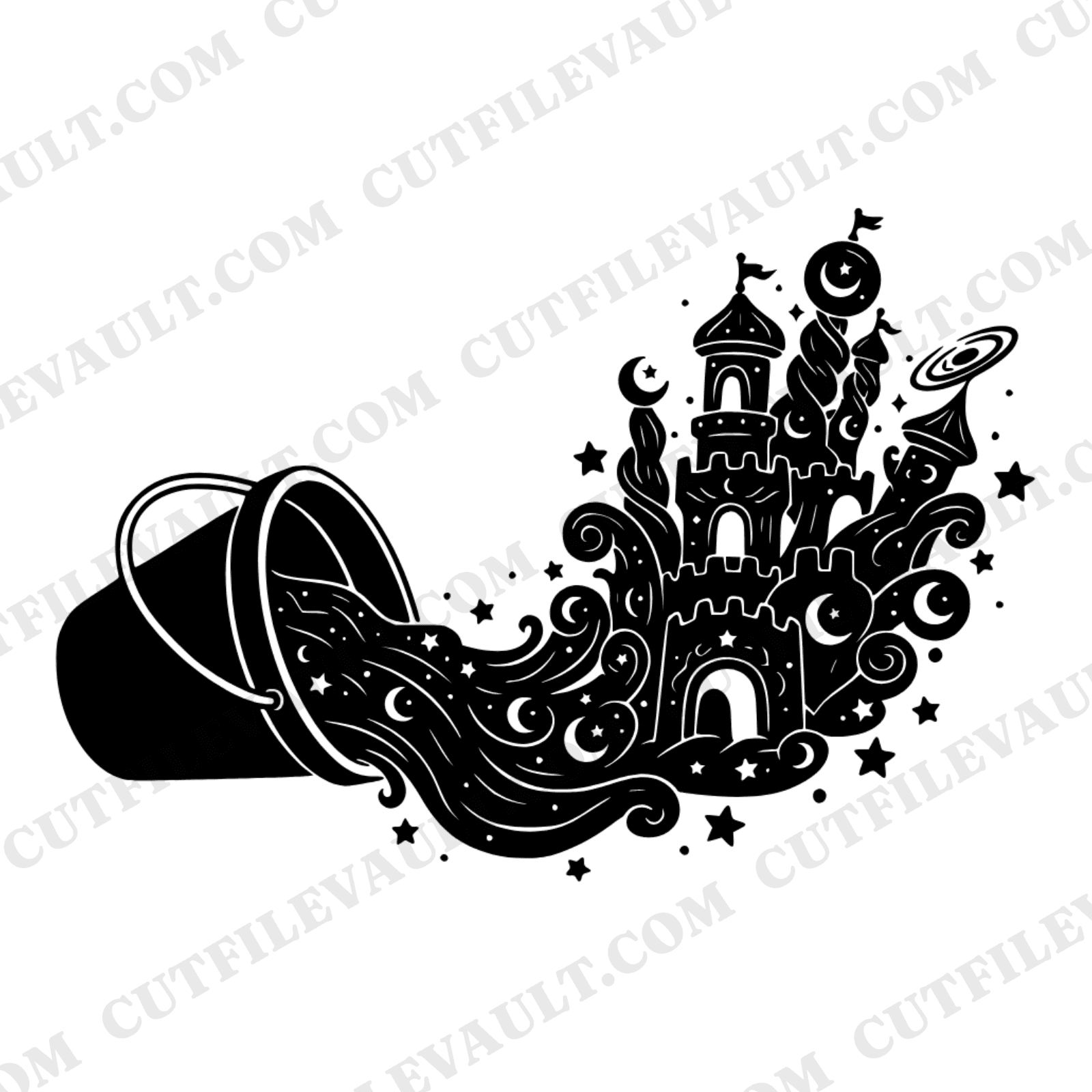 Mystical Summer Sandcastle Beach Bucket SVG PNG, Celestial Moon Stars Beach Cut File