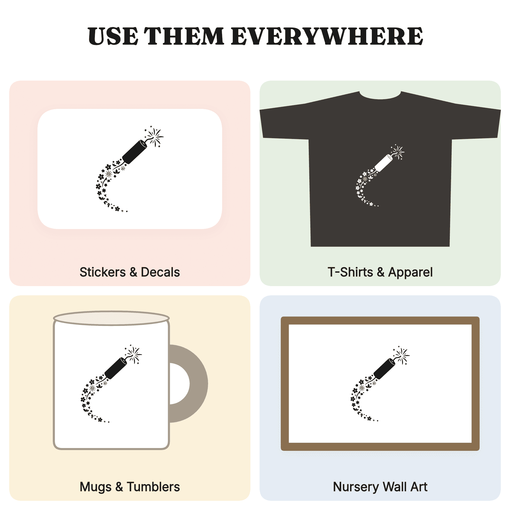 Leaping Firecracker SVG PNG, Floral Sparkle Trail Cut File, Cottagecore 4th of July Design — view 4