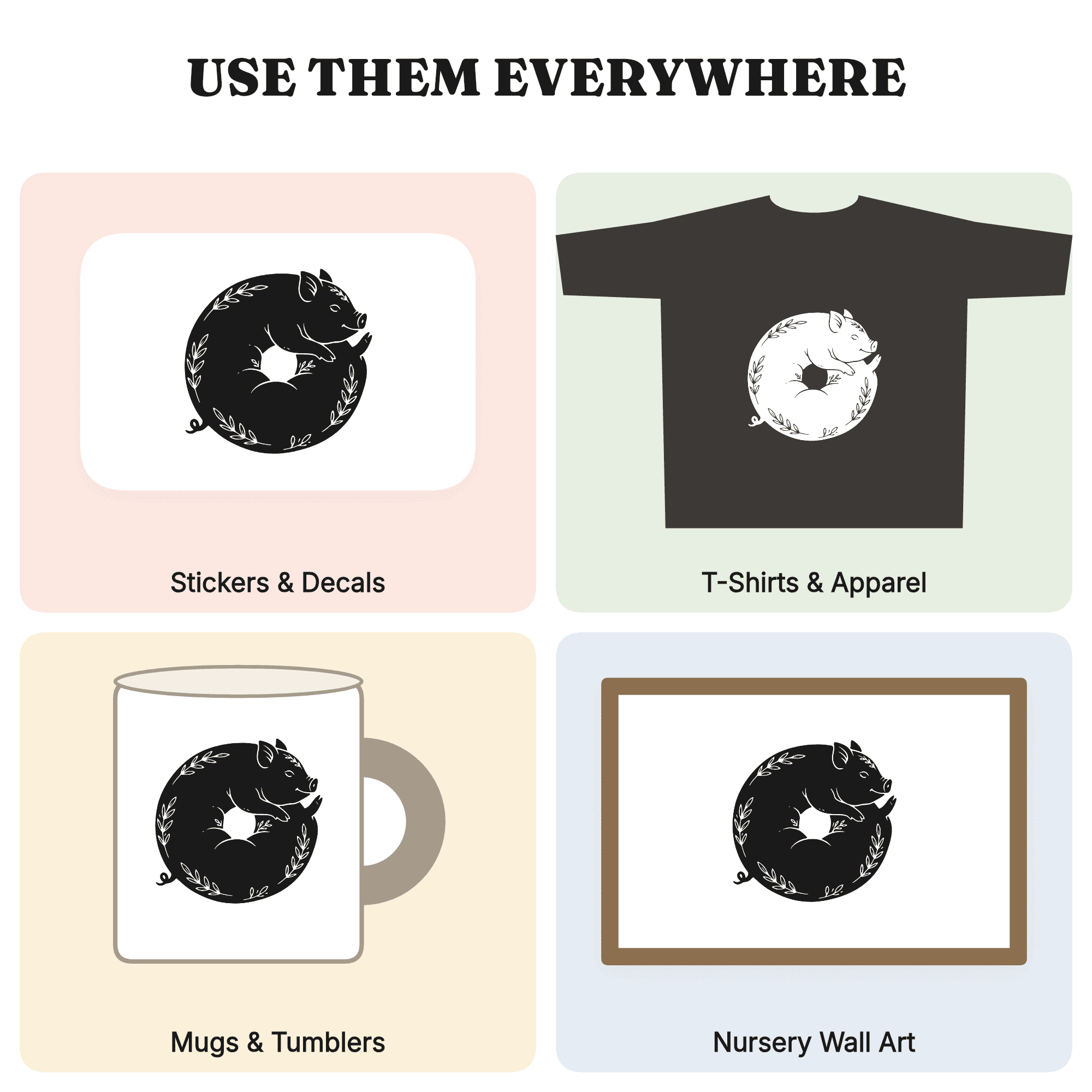 Chubby Piglet Donut Ring SVG PNG, Vintage Botanical Silhouette Cut File, National Donut Day — view 4