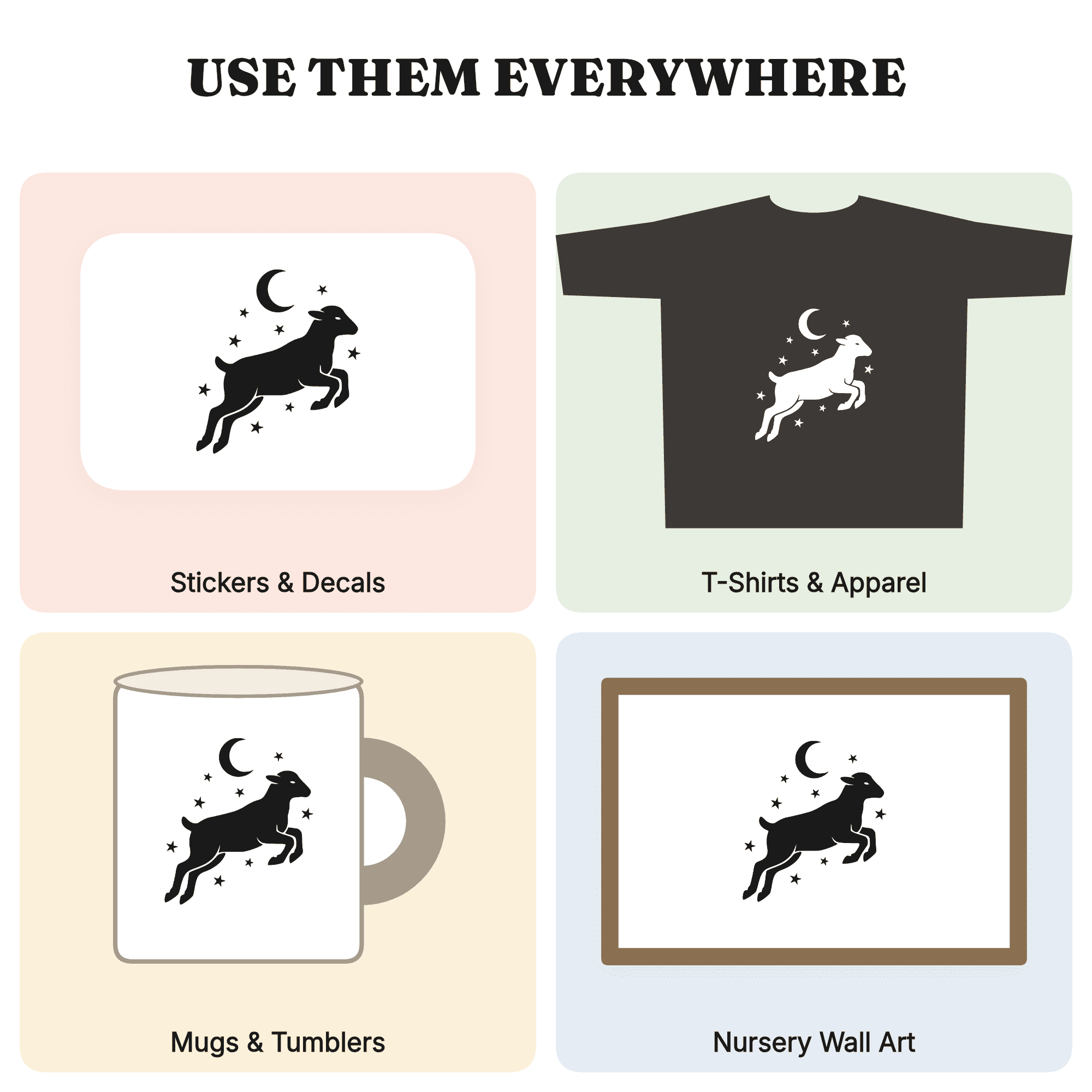 Summer Solstice Lamb SVG PNG, Celestial Leaping Lamb Cut File, Crescent Moon Stars SVG Design — view 4