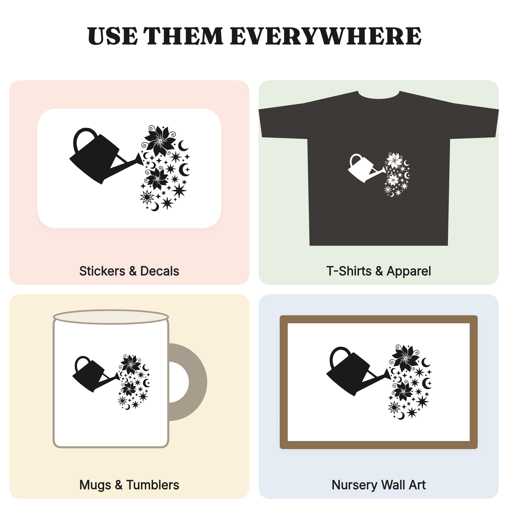 Celestial Watering Can SVG PNG, Mystical Moon Stars Flowers, Mothers Day Cut File, Cosmic Nurture Design — view 4