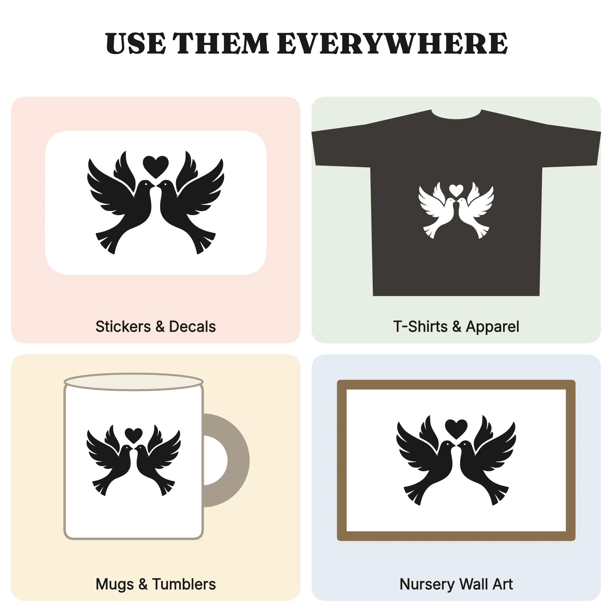 Retro Love Doves Heart SVG PNG, 70s Wedding Silhouette Cut File, Groovy Doves Heart Design — view 4