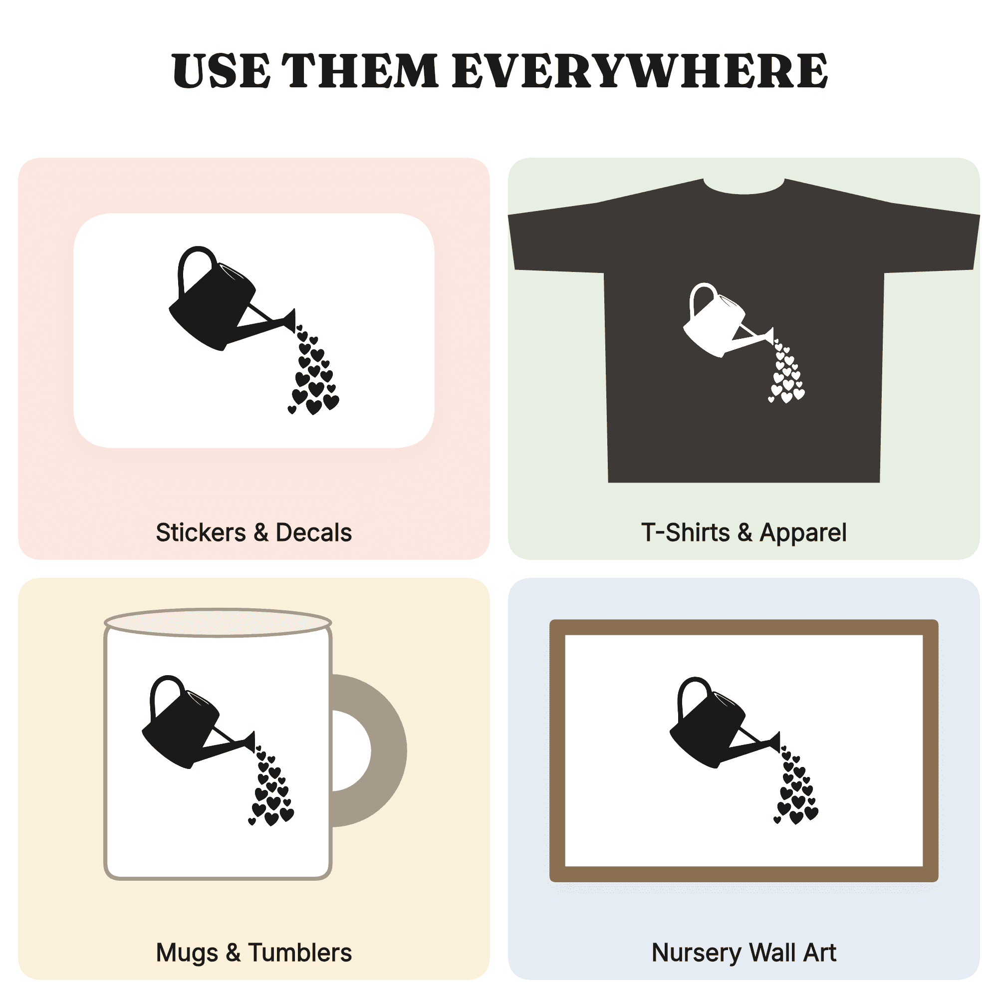 Mother's Day Watering Can SVG PNG, Cascading Hearts Cut File, Cottagecore Floral Mom Gift Design — view 3