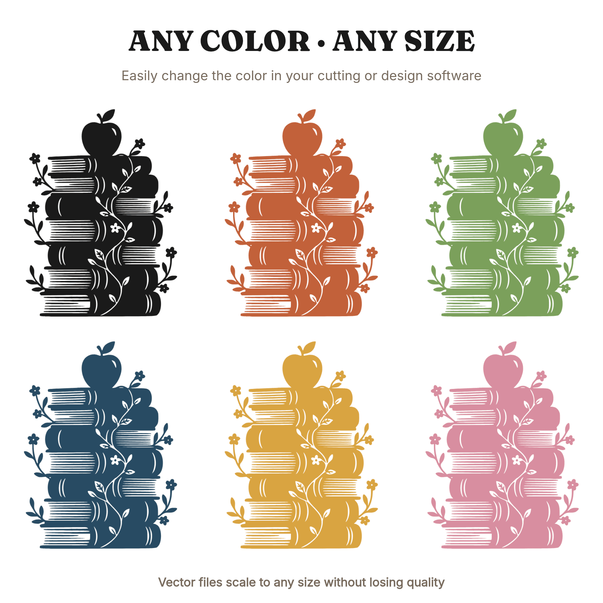 Teacher Appreciation SVG PNG, Stacked Books with Apple Silhouette, Cottagecore Floral Cut File — view 2