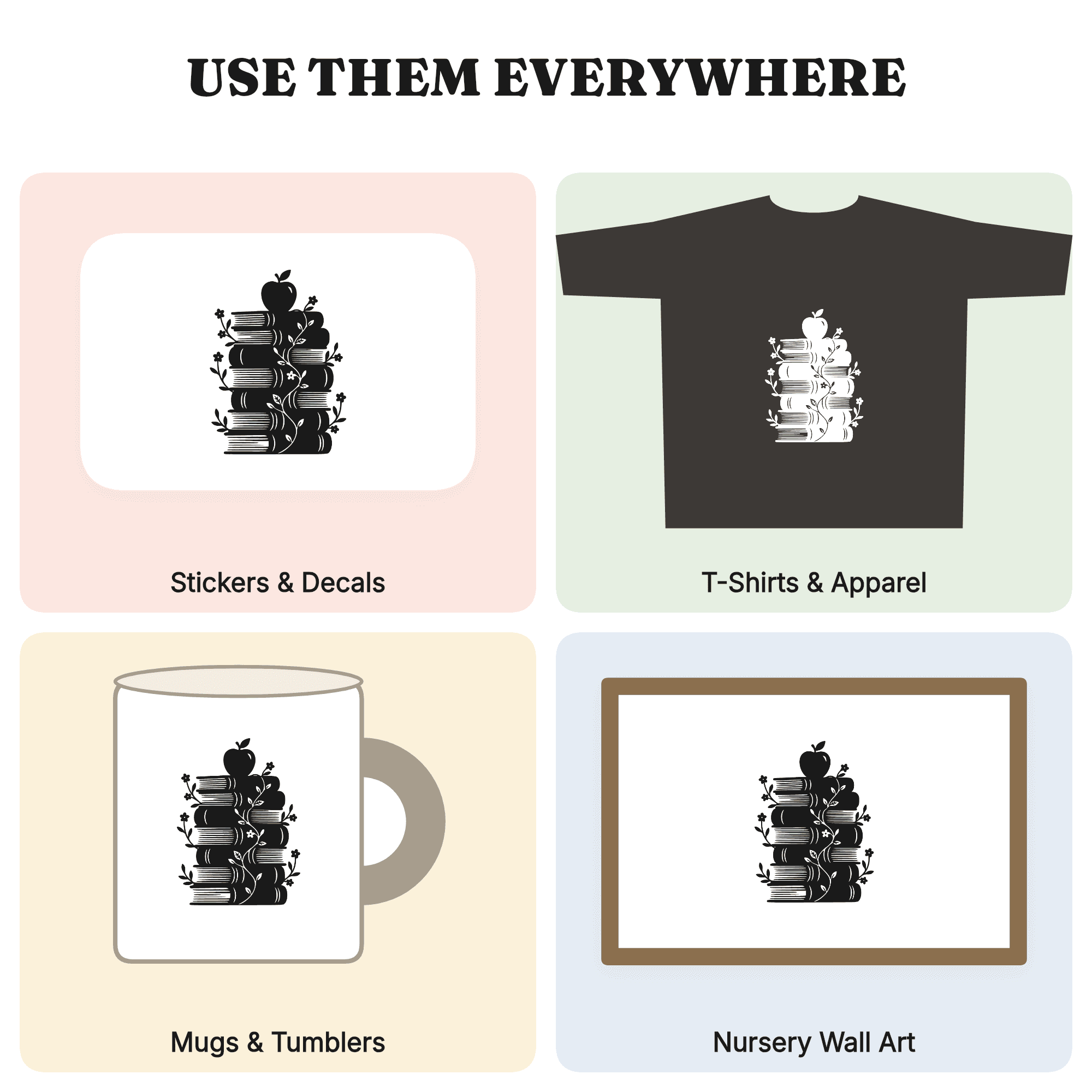 Teacher Appreciation SVG PNG, Stacked Books with Apple Silhouette, Cottagecore Floral Cut File — view 3