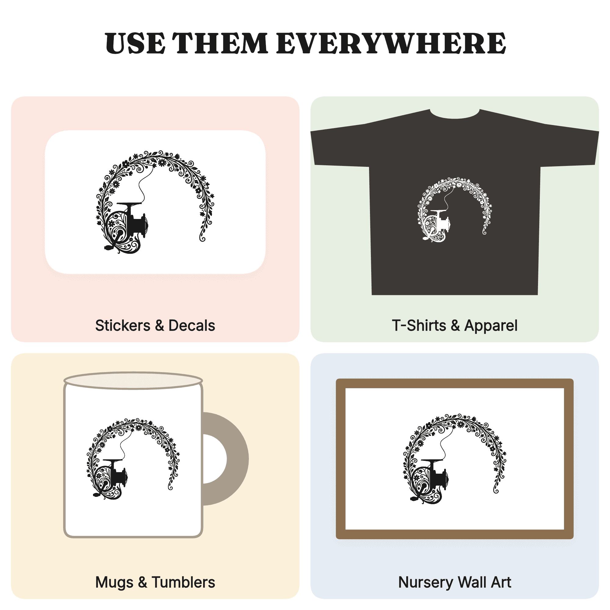 Fishing Reel SVG PNG, Art Nouveau Floral Father's Day Design, Cottagecore Fisherman Cut File — view 3