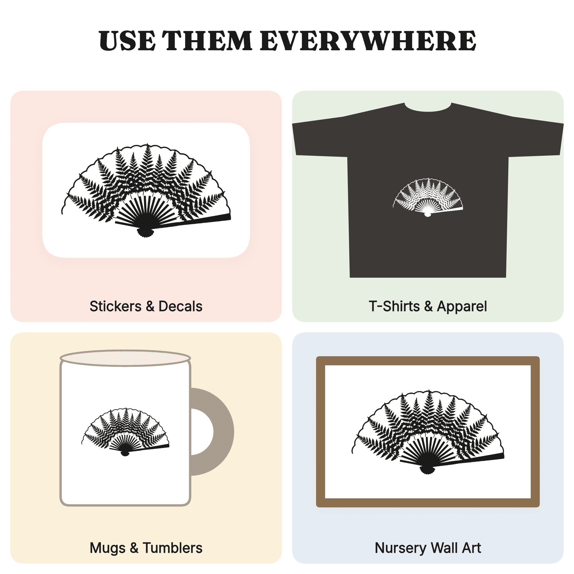 Celestial Fern Fan Wedding SVG PNG, Mystical Botanical Hand Fan Silhouette Cut File Vintage — view 3