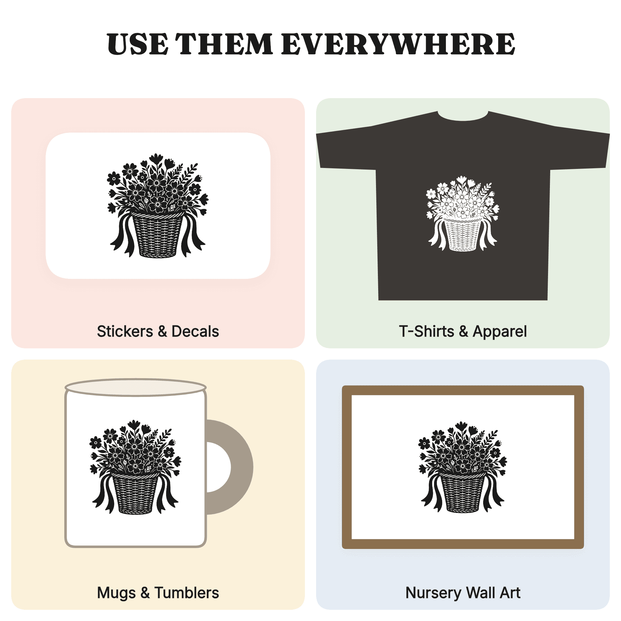 Vintage Bicycle Basket Wildflower Bouquet SVG PNG Retro 70s Cottagecore Cut File Bike Design — view 3