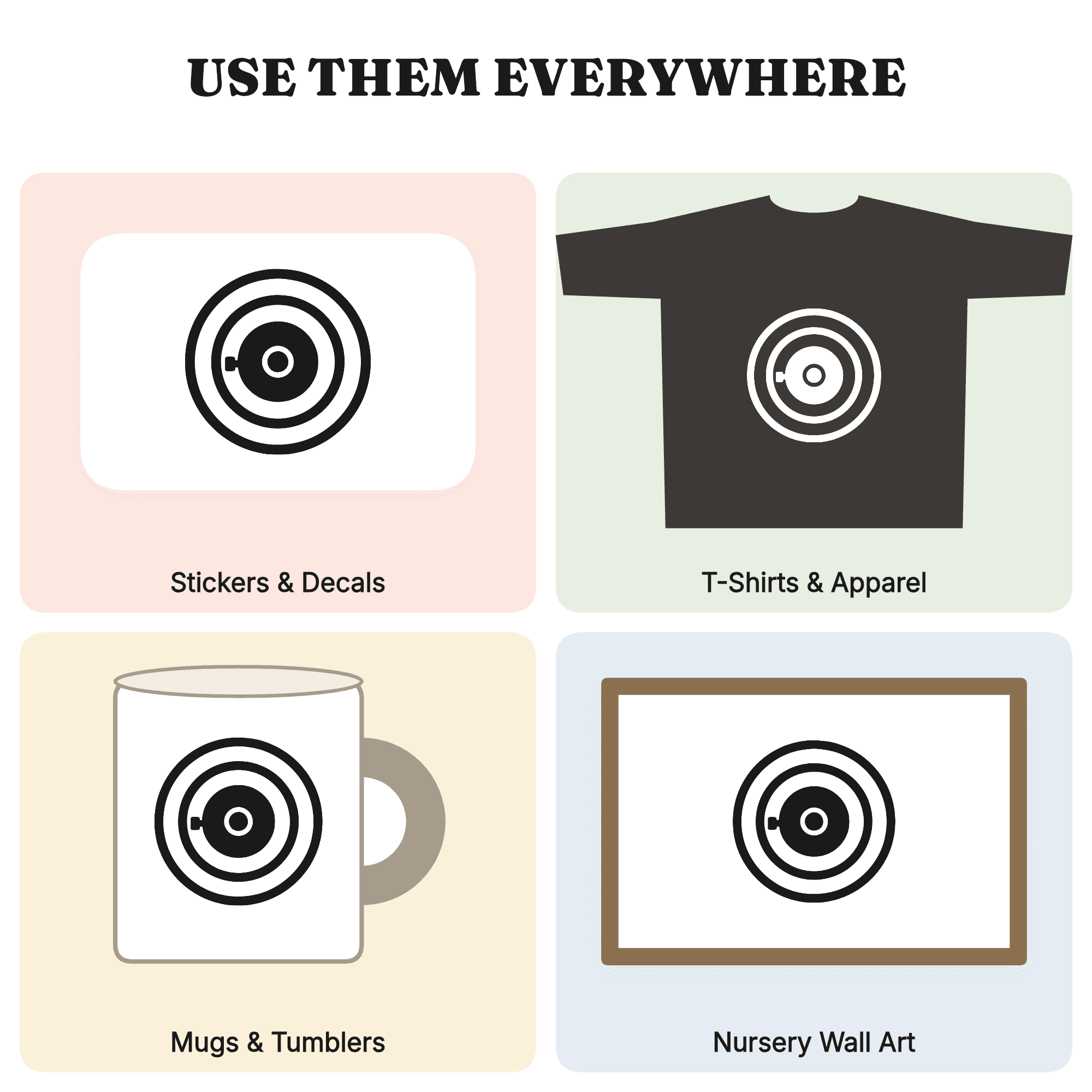 Bicycle Bell Sound Wave SVG PNG, Bullseye Concentric Rings Cut File, Mid-Century Bike Art Design — view 3