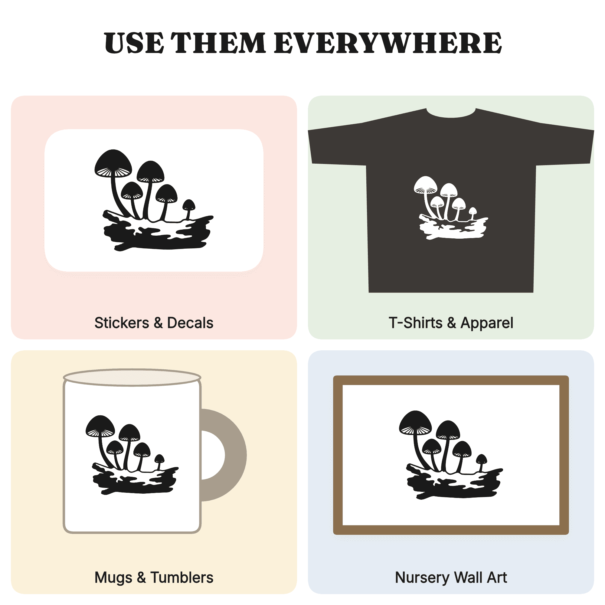 Woodland Mushroom Cluster SVG PNG, Cottagecore Mossy Log Silhouette, Mother's Day Nature Cut File — view 3