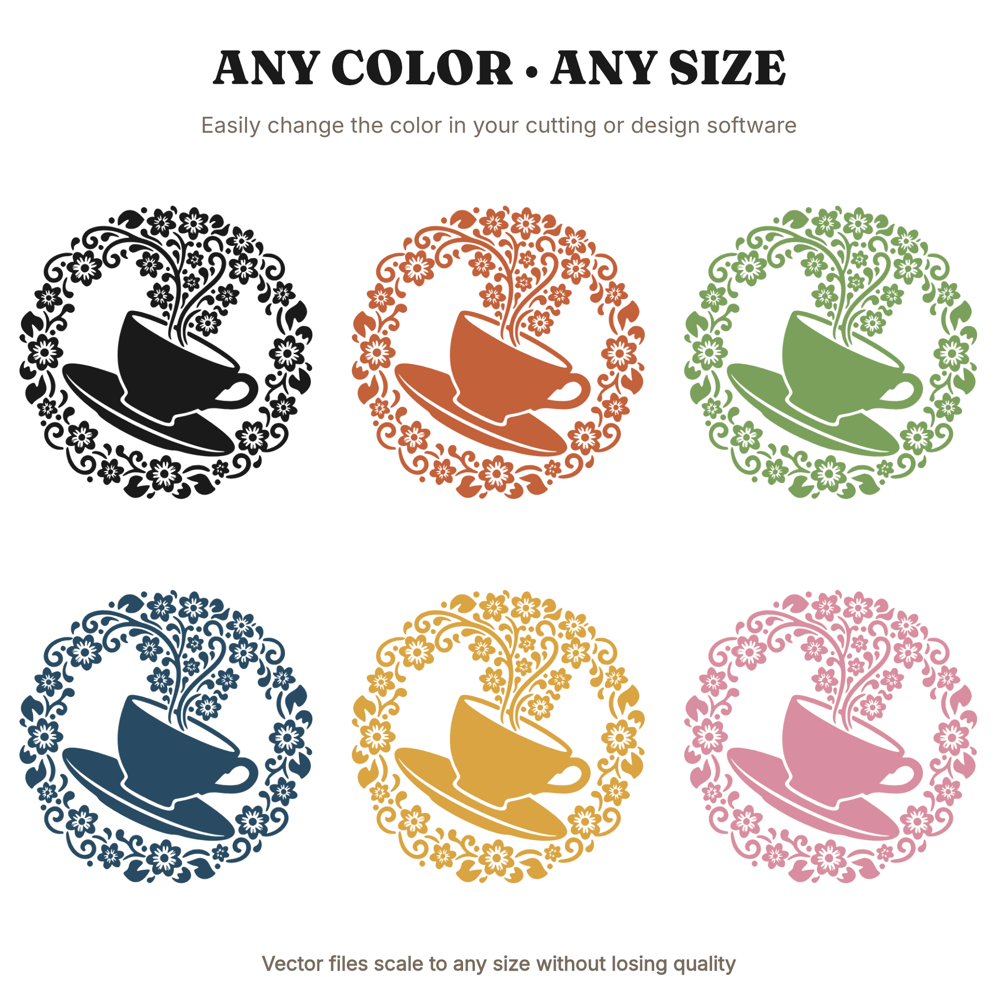 Retro Teacup Floral Monogram Frame SVG PNG, 70s Mother's Day Cut File, Vintage Tea Cup Silhouette — view 2