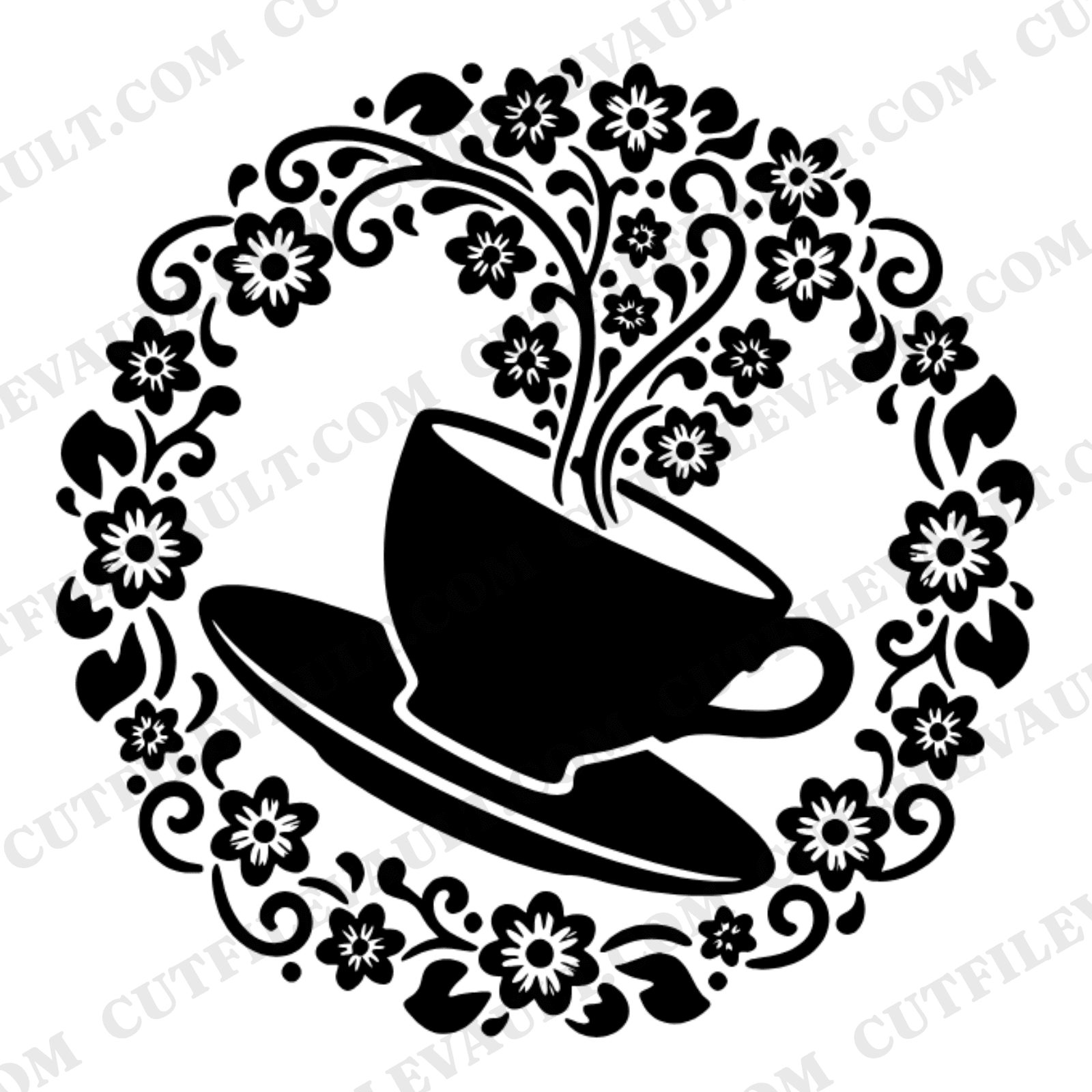 Retro Teacup Floral Monogram Frame SVG PNG, 70s Mother's Day Cut File, Vintage Tea Cup Silhouette — view 1