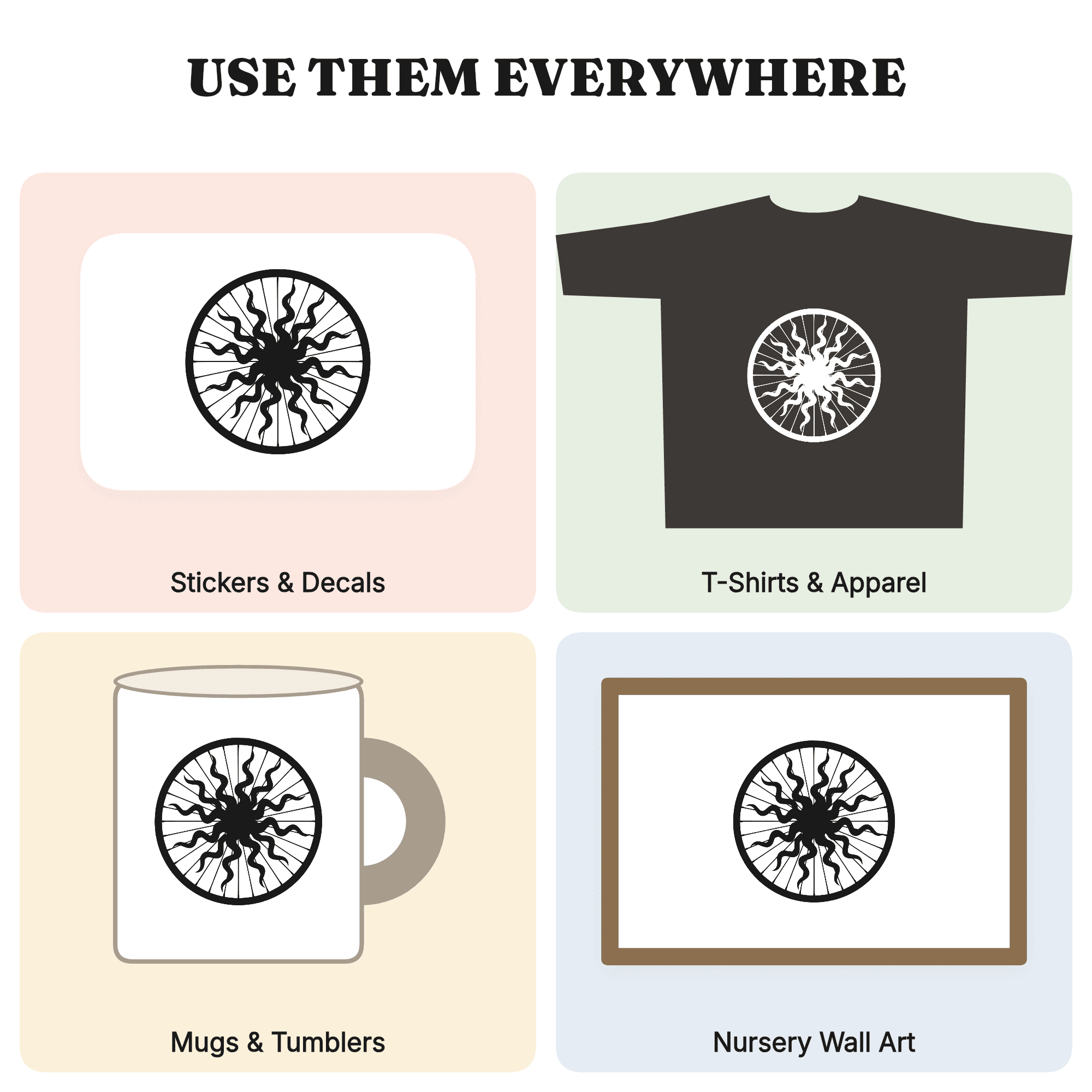 Celestial Bicycle Wheel SVG PNG, Groovy Wavy Spokes Cut File, Earth Day Eco Bike Clipart Design — view 3