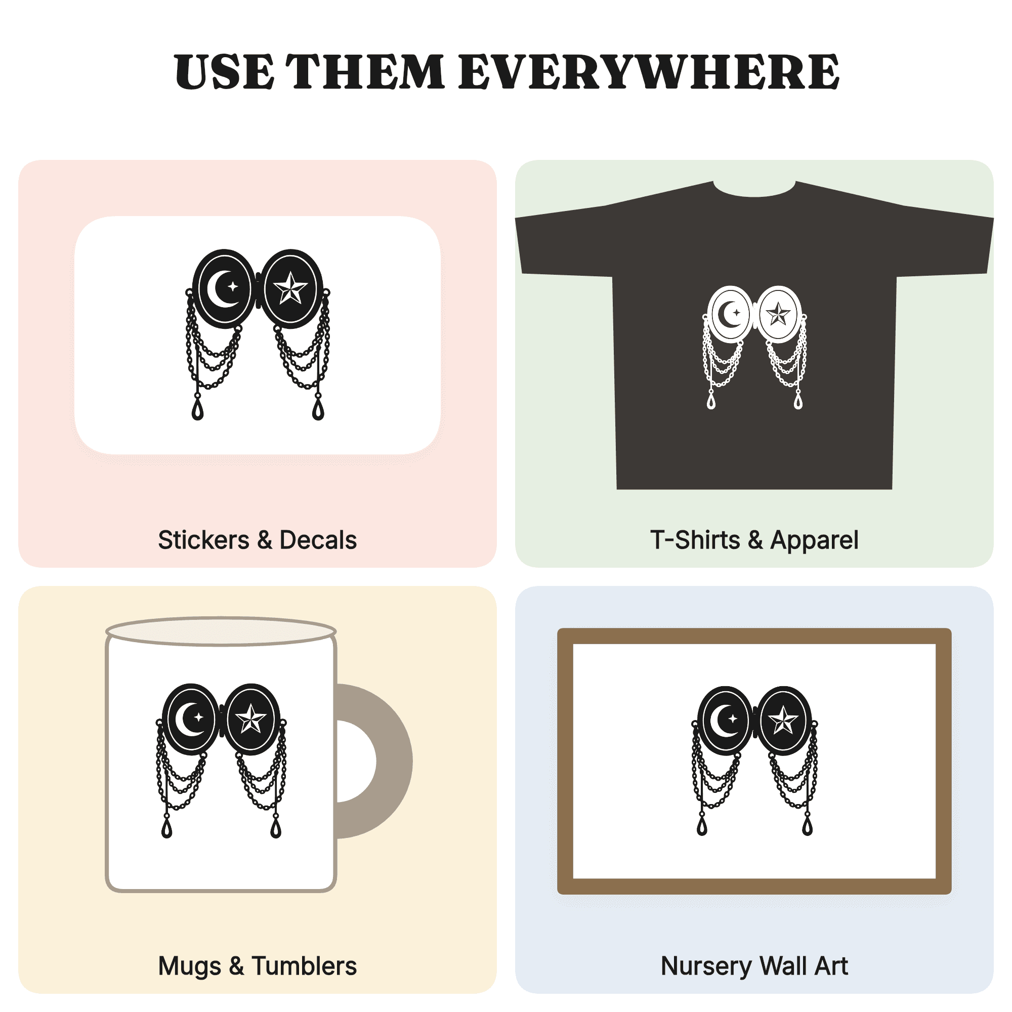 Celestial Locket SVG PNG, Open Antique Cameo with Moon Stars Filigree Chains, Mystical Monogram Frame — view 3