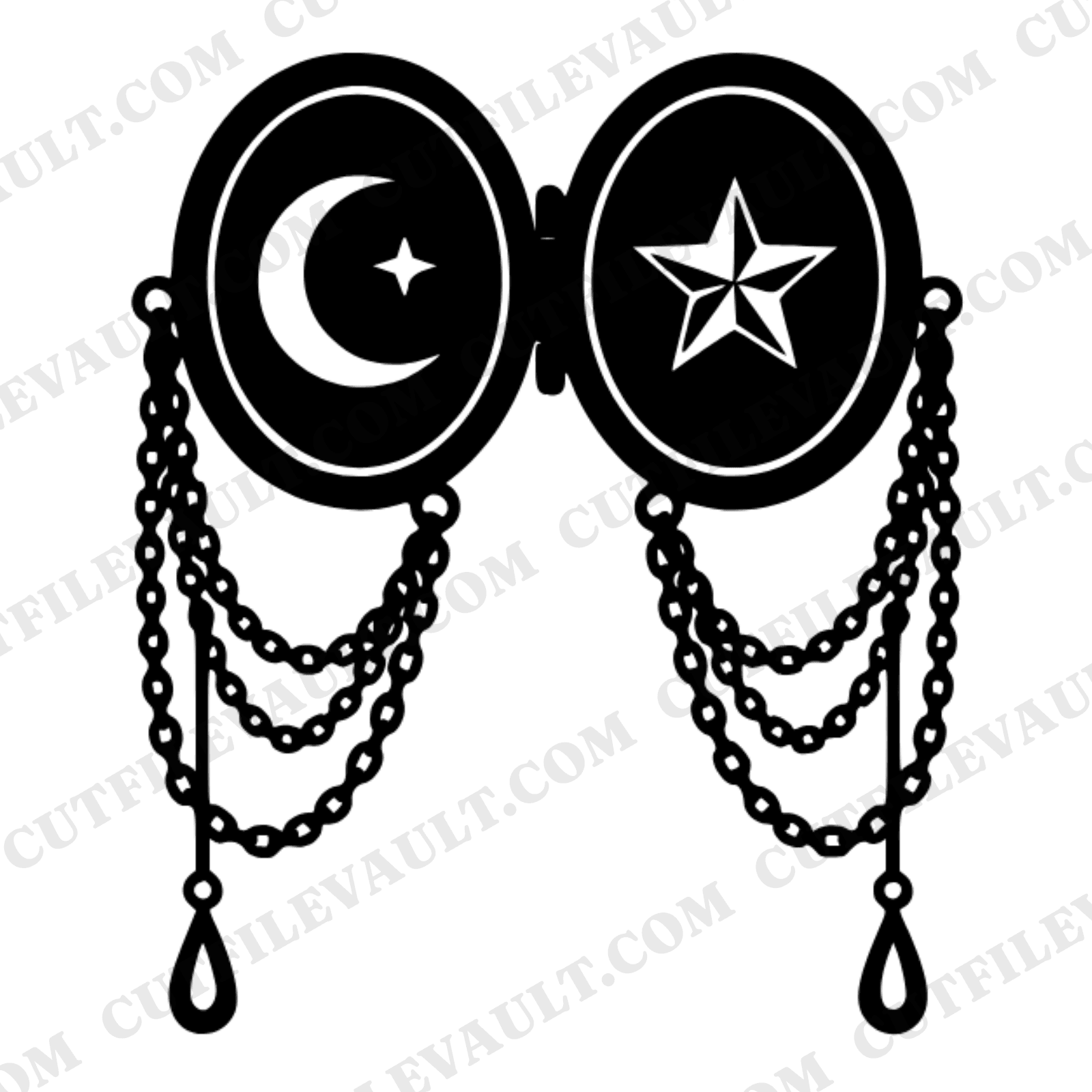 Celestial Locket SVG PNG, Open Antique Cameo with Moon Stars Filigree Chains, Mystical Monogram Frame
