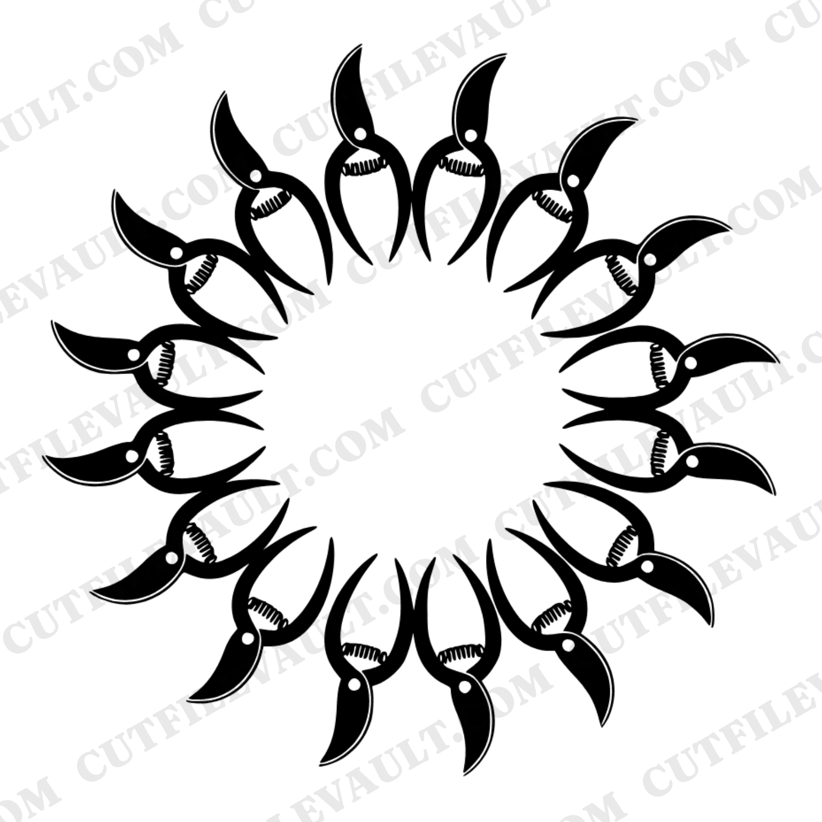 Spring Pruning Shears Wreath SVG PNG, Gardening Tool Emblem Cut File, Scandinavian Line Art Design