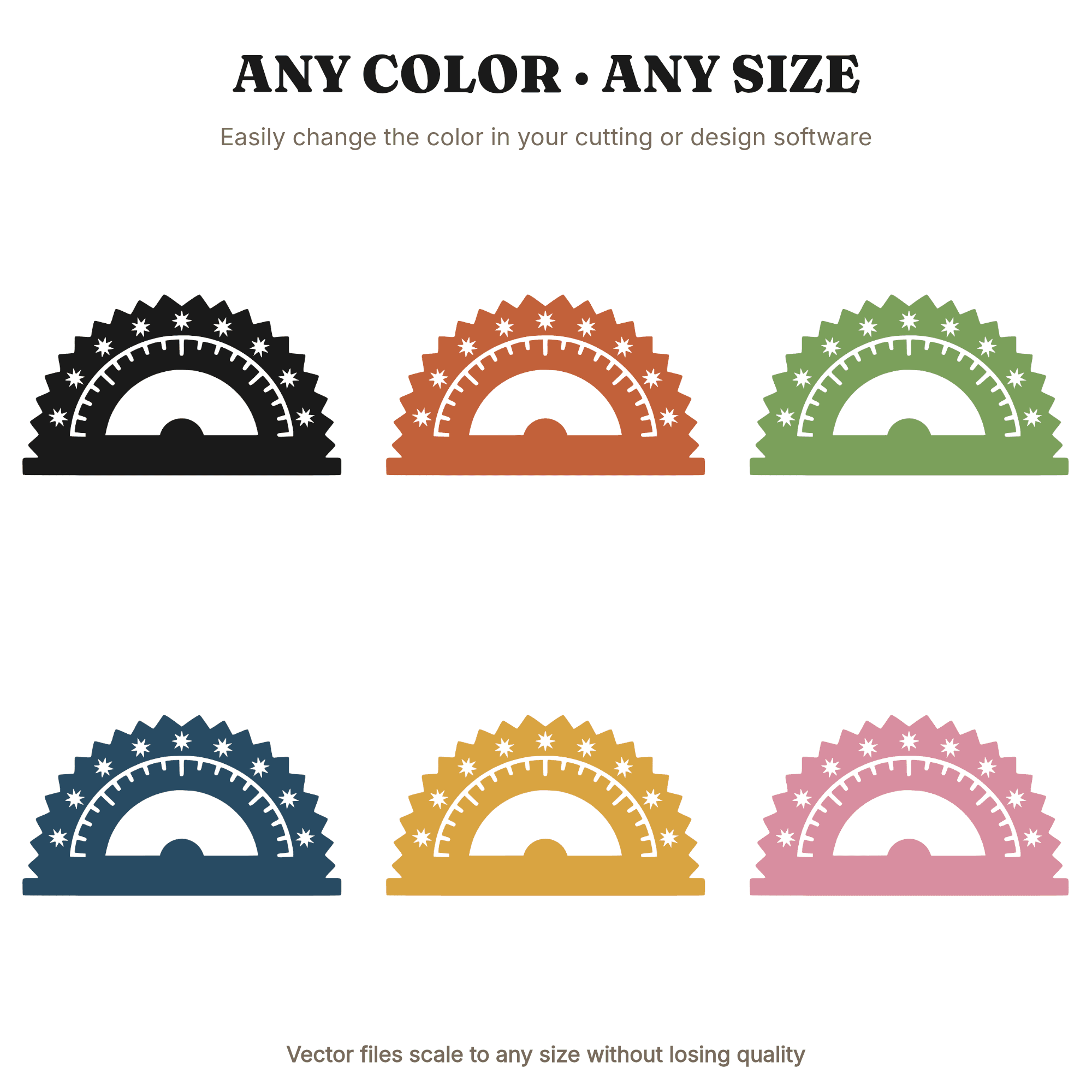 Folk Art Protractor SVG PNG, Back to School Geometry Tool with Star Notches, Academic Emblem Cut File — view 2