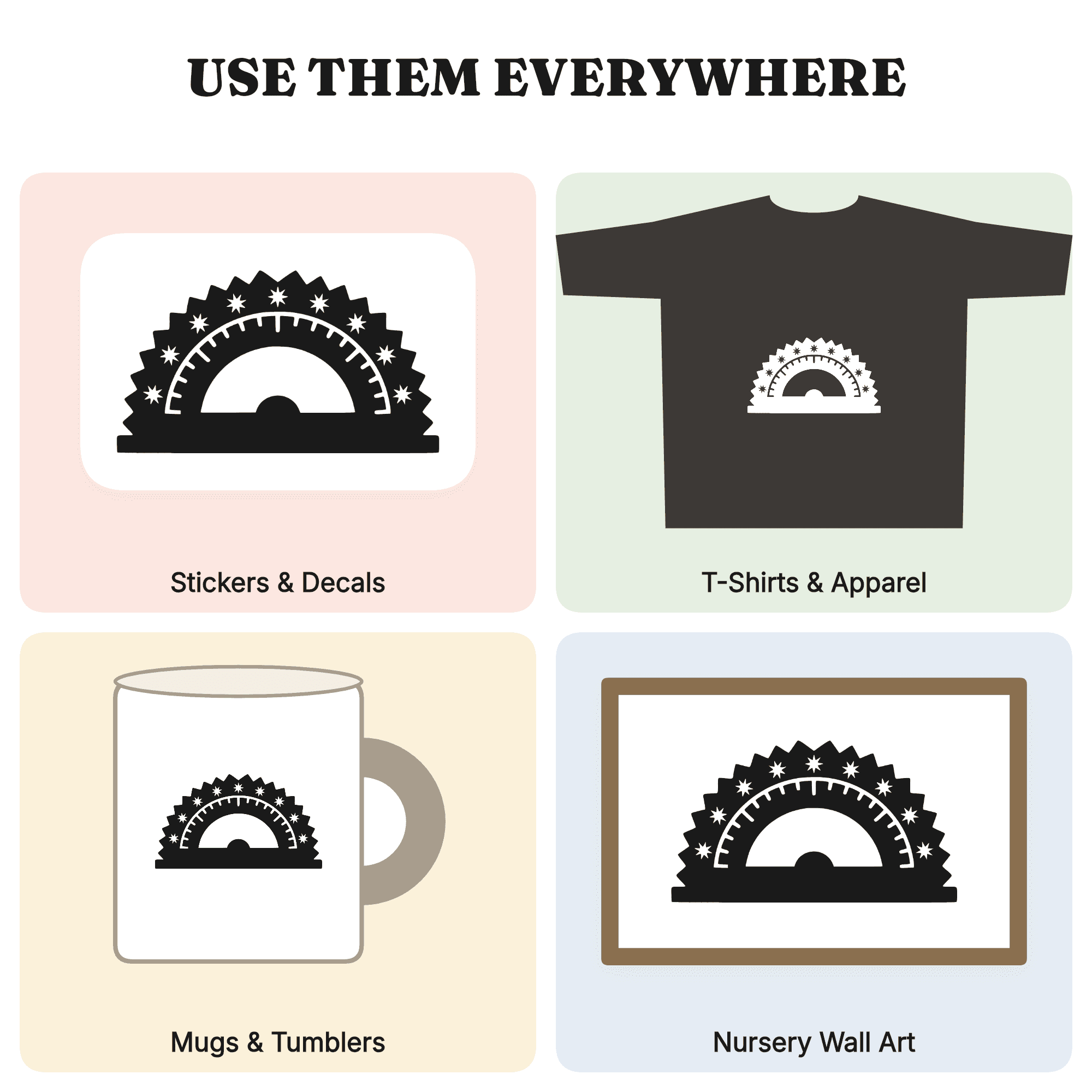 Folk Art Protractor SVG PNG, Back to School Geometry Tool with Star Notches, Academic Emblem Cut File — view 3