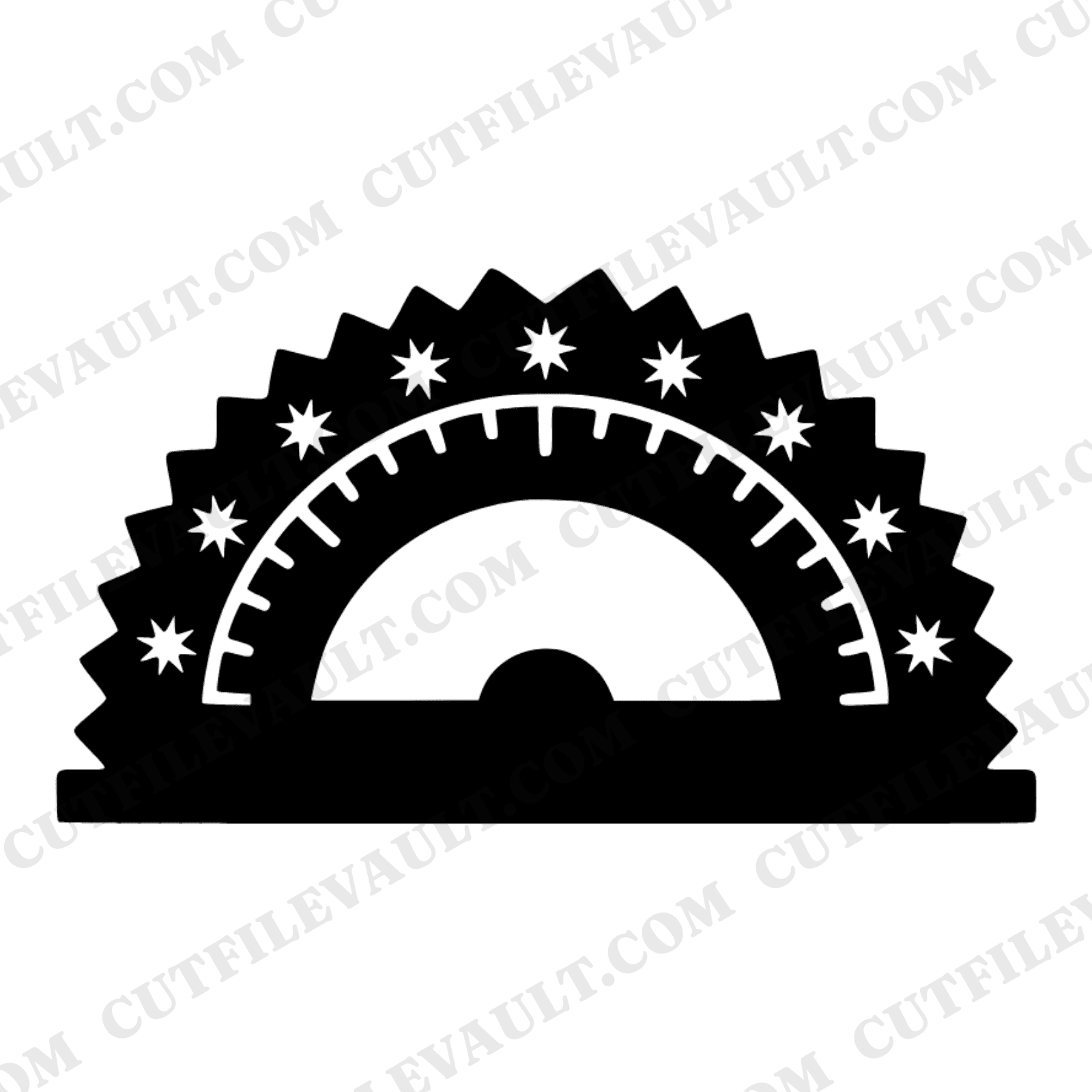 Folk Art Protractor SVG PNG, Back to School Geometry Tool with Star Notches, Academic Emblem Cut File — view 1